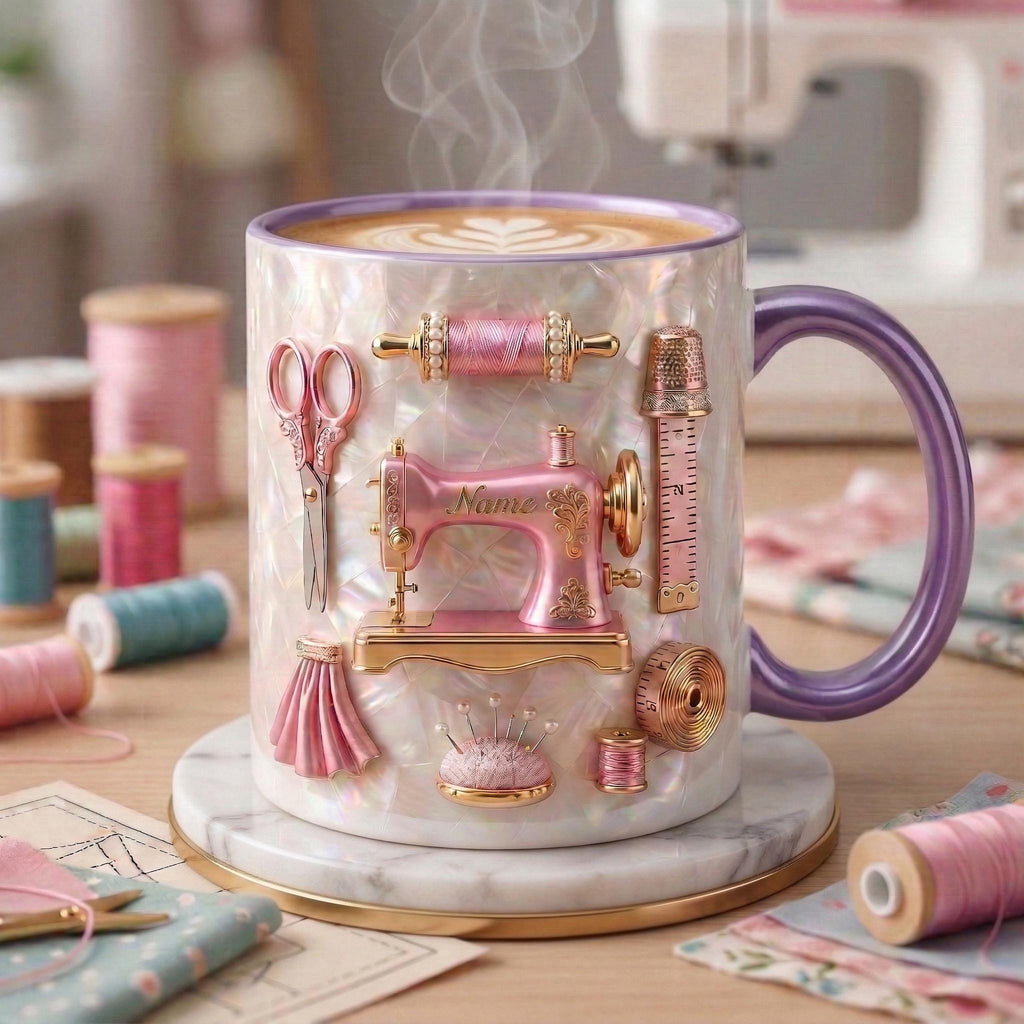 Sewing Mug 3D, Faux 3D Effect Mug, Sewing Craft Coffee Mug, Custom Name Gift