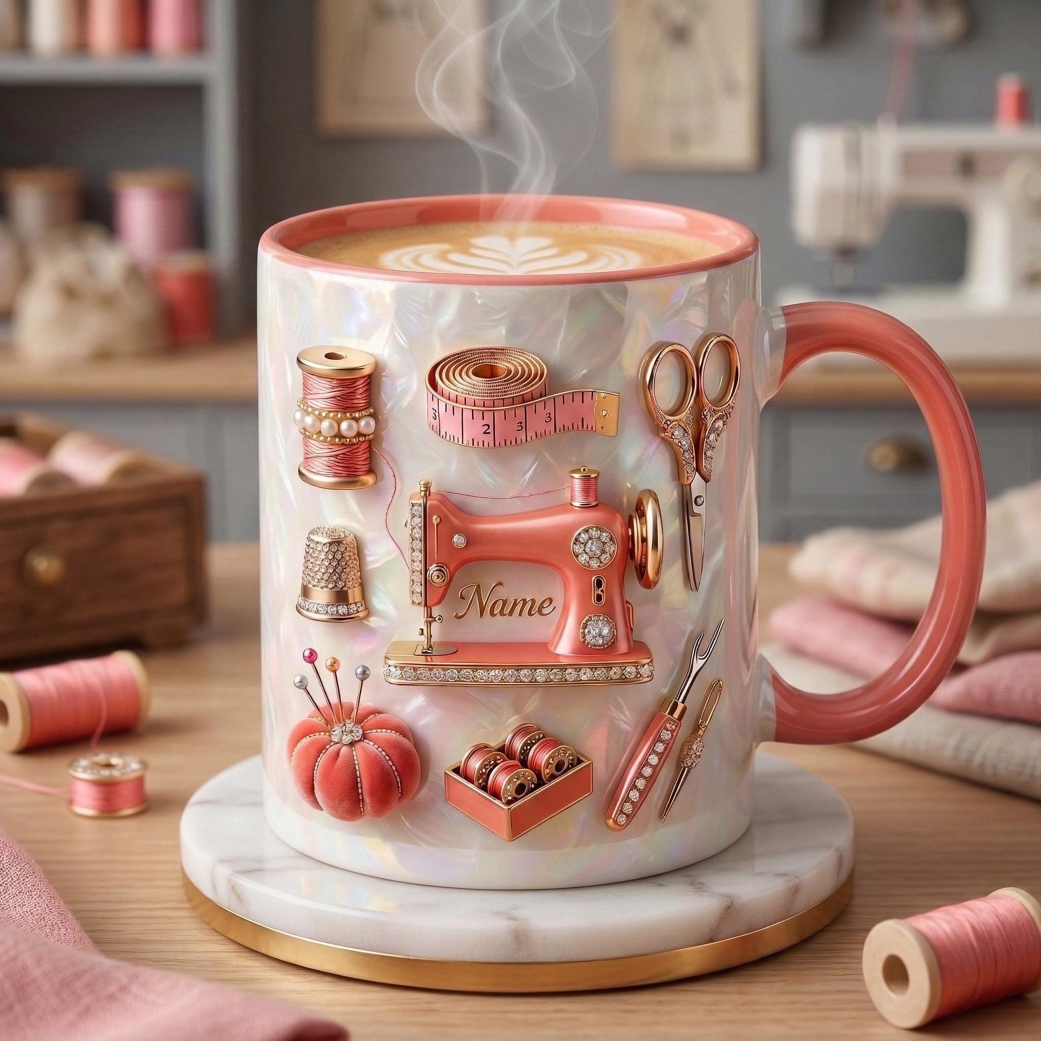 Sewing Mug 3D, Faux 3D Effect Mug, Custom Name Tailor Mug, Sewing Lover Gift Idea