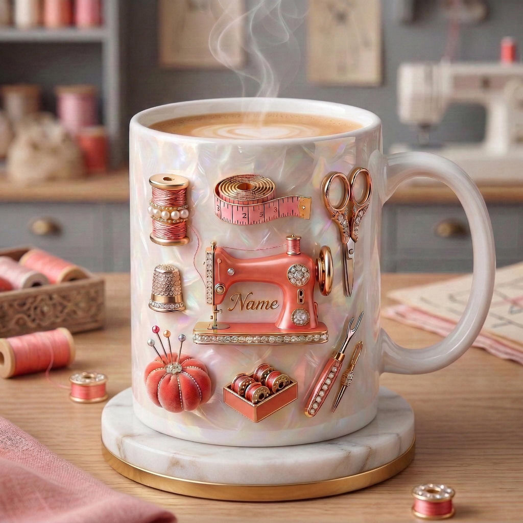 Sewing Mug 3D, Faux 3D Effect Mug, Custom Name Tailor Mug, Sewing Lover Gift Idea