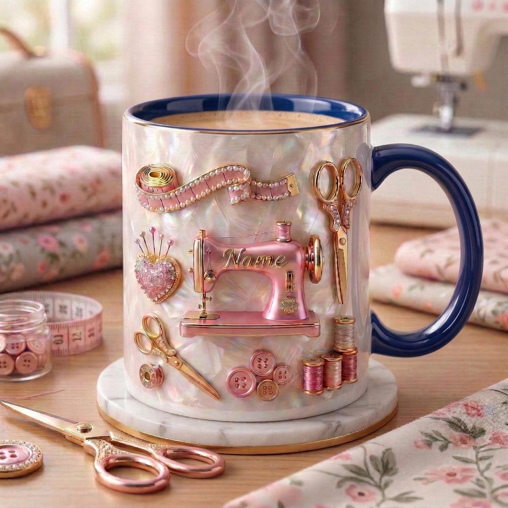 Sewing Mug 3D, Faux 3D Effect Mug, Sewing Artist Coffee Cup, Personalized Gift for Sewer