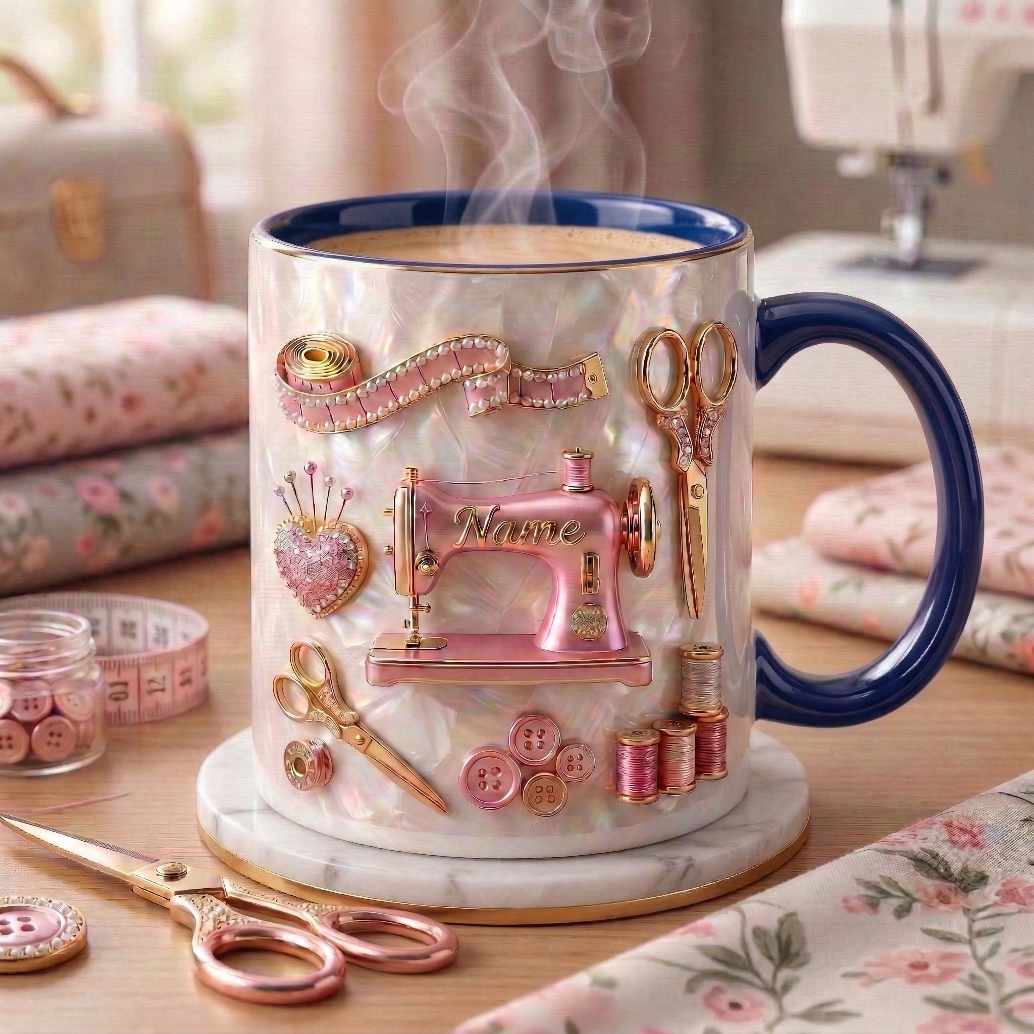 Sewing Mug 3D, Faux 3D Effect Mug, Sewing Artist Coffee Cup, Personalized Gift for Sewer