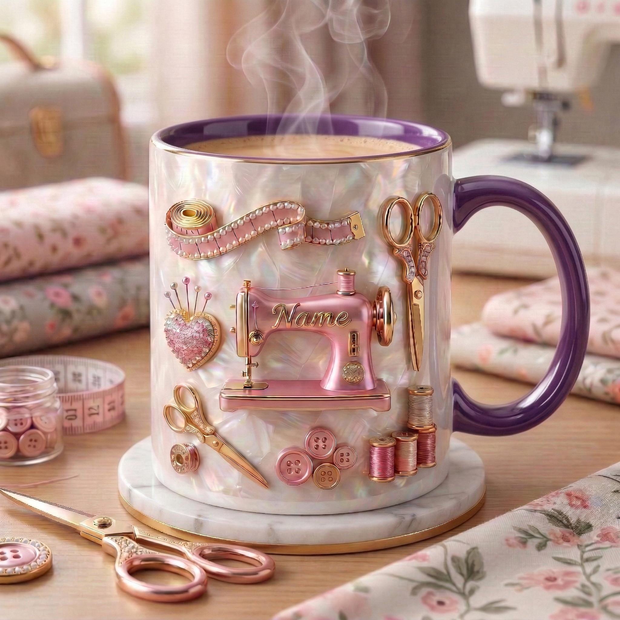Sewing Mug 3D, Faux 3D Effect Mug, Sewing Artist Coffee Cup, Personalized Gift for Sewer