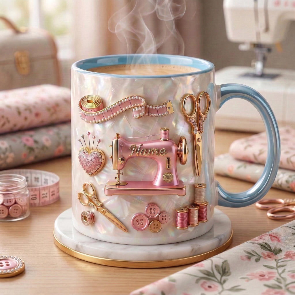 Sewing Mug 3D, Faux 3D Effect Mug, Sewing Artist Coffee Cup, Personalized Gift for Sewer