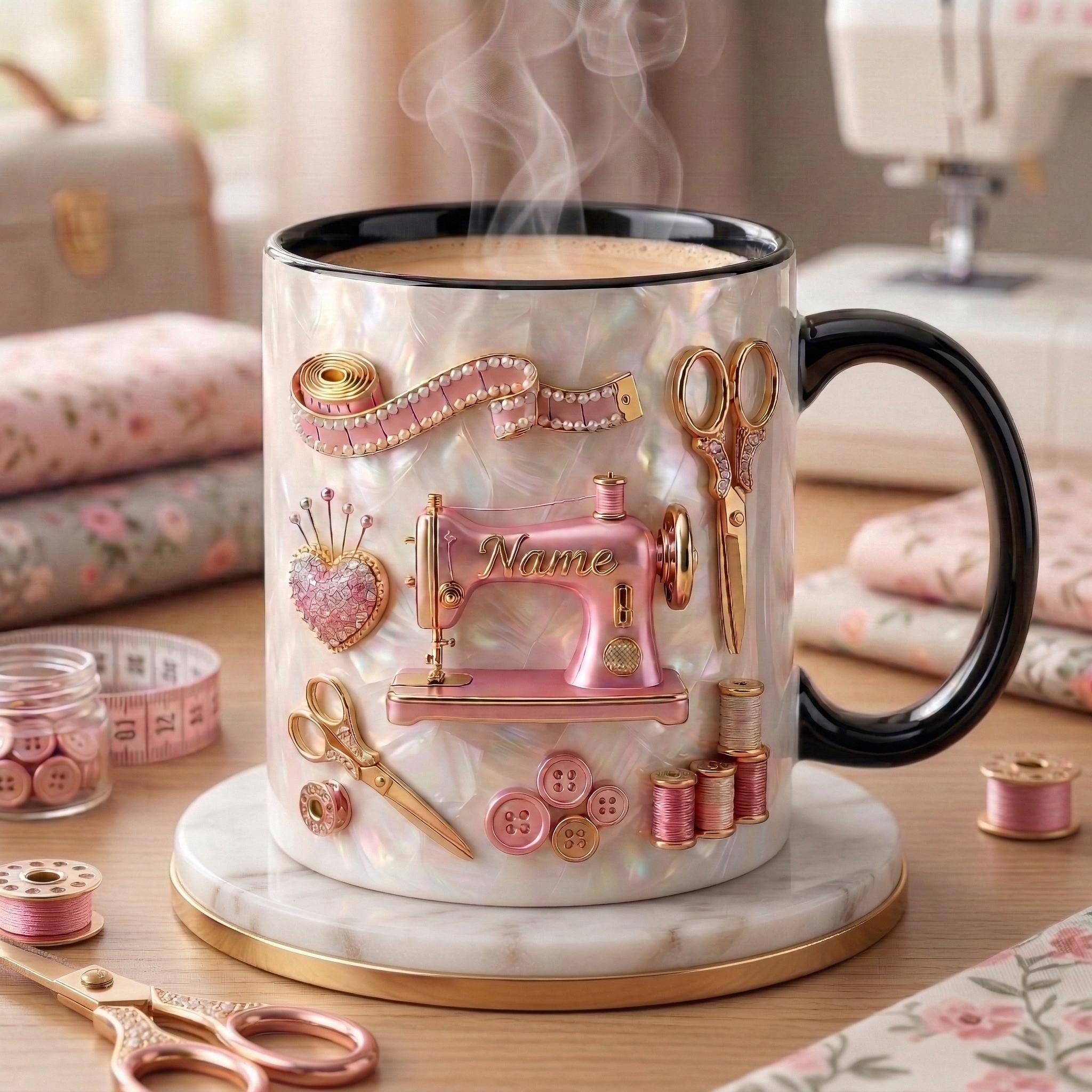 Sewing Mug 3D, Faux 3D Effect Mug, Sewing Artist Coffee Cup, Personalized Gift for Sewer