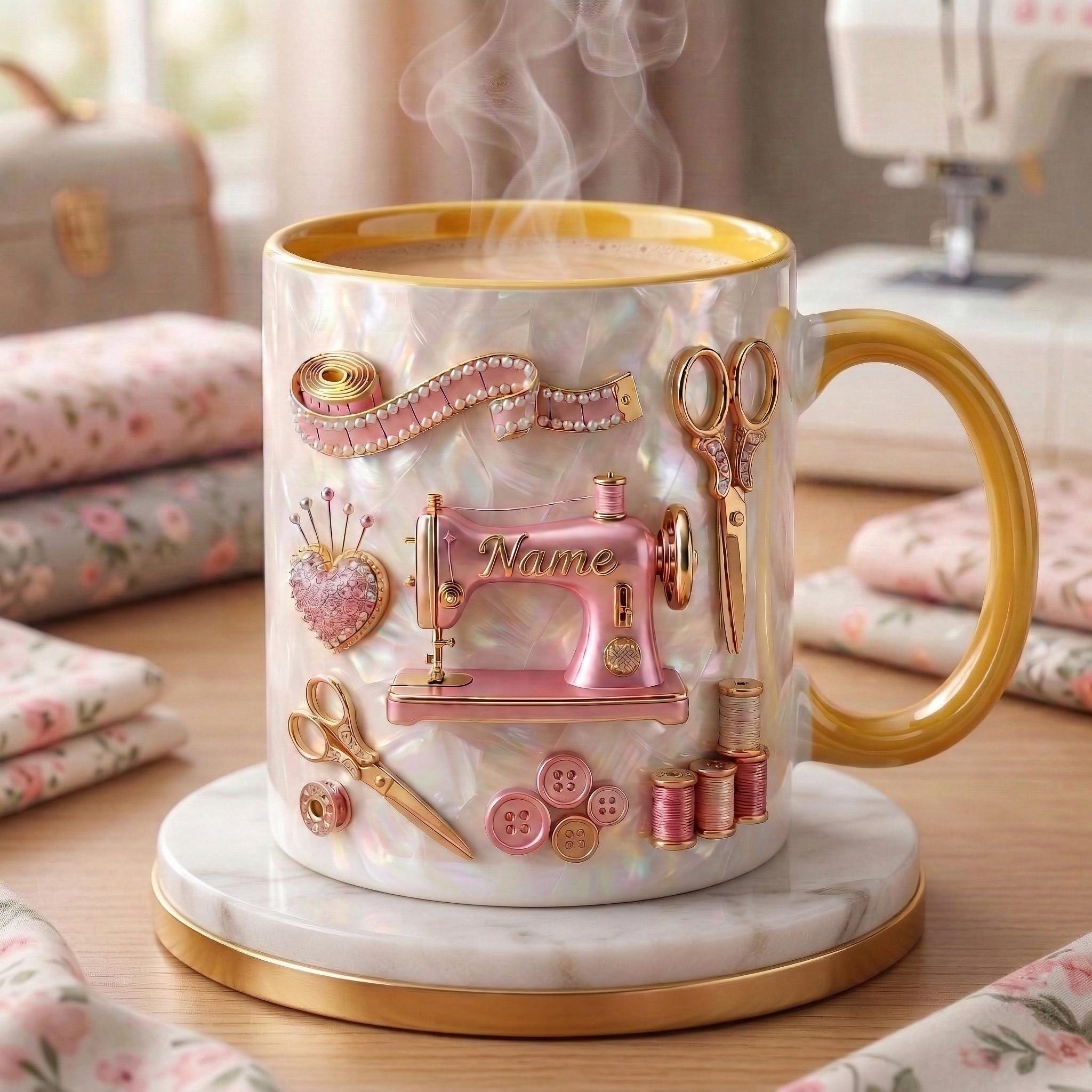 Sewing Mug 3D, Faux 3D Effect Mug, Sewing Artist Coffee Cup, Personalized Gift for Sewer
