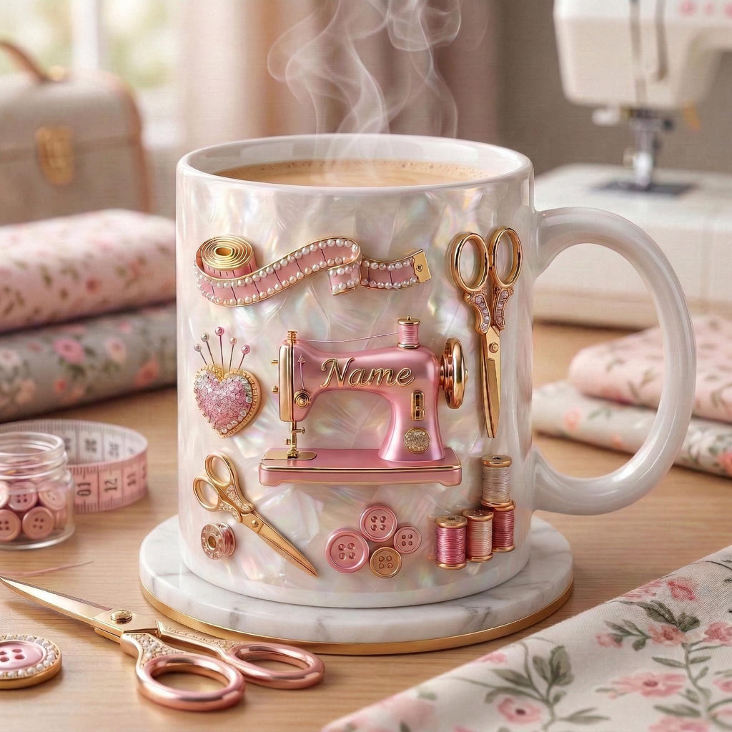 Sewing Mug 3D, Faux 3D Effect Mug, Sewing Artist Coffee Cup, Personalized Gift for Sewer