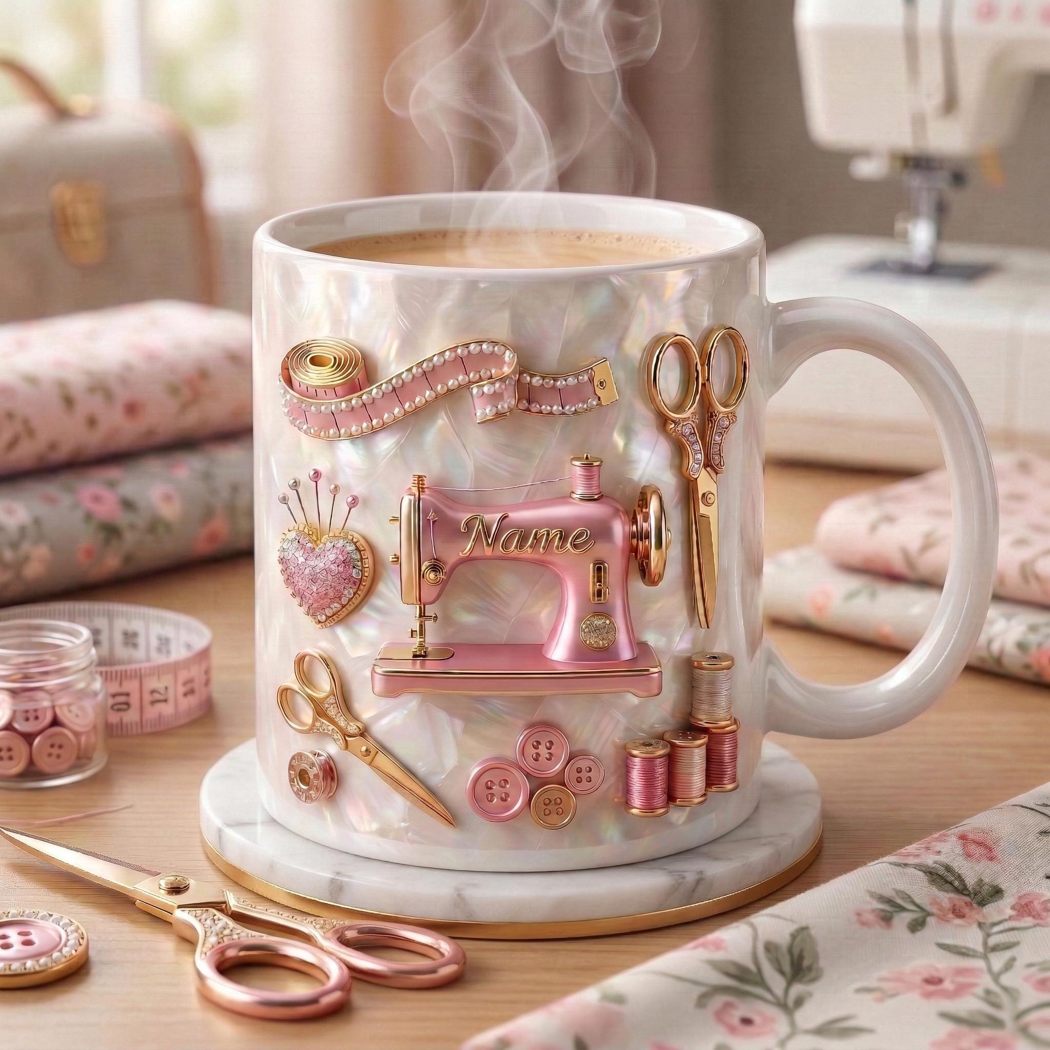 Sewing Mug 3D, Faux 3D Effect Mug, Sewing Artist Coffee Cup, Personalized Gift for Sewer