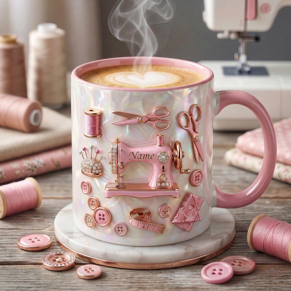 Sewing Mug 3D, Sewing Hobby Coffee Mug, Faux 3D Effect Mug, Personalized Craft Gift