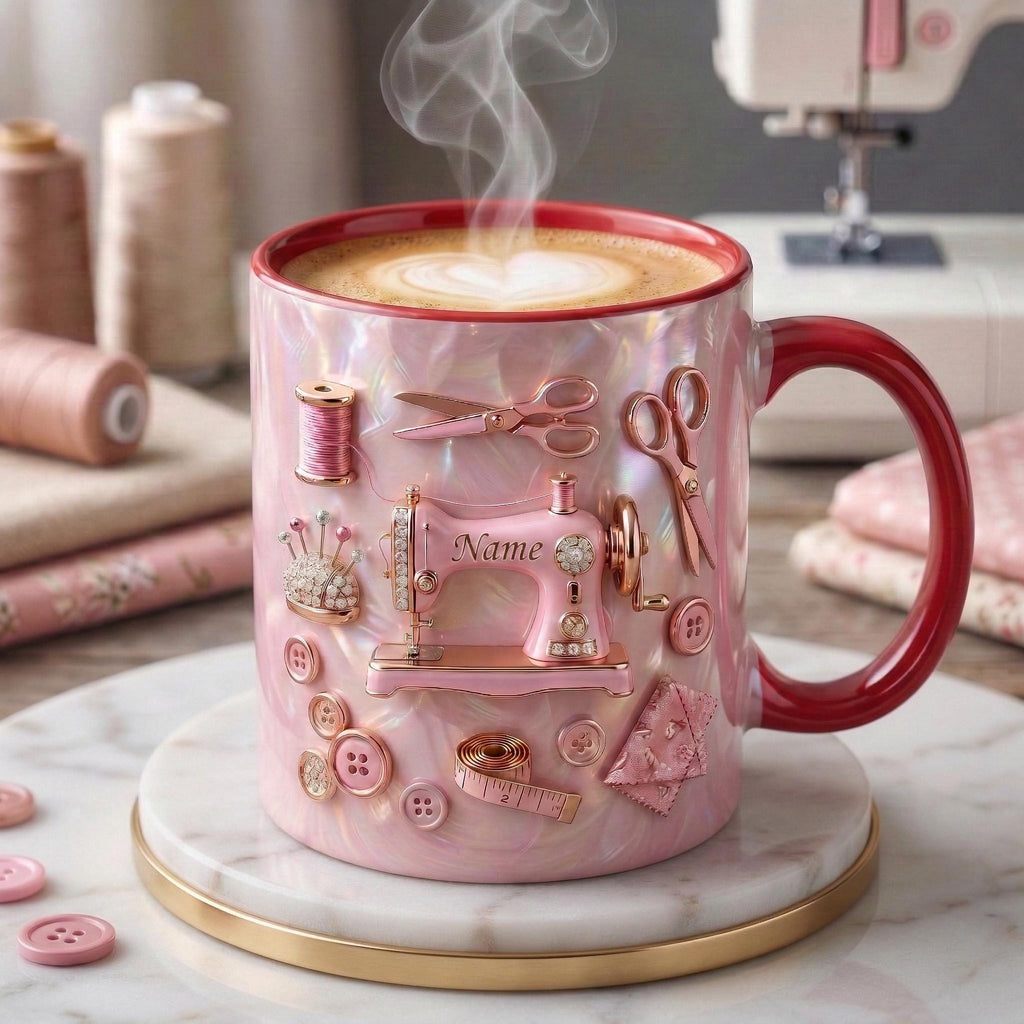 Sewing Mug 3D, Sewing Hobby Coffee Mug, Faux 3D Effect Mug, Personalized Craft Gift
