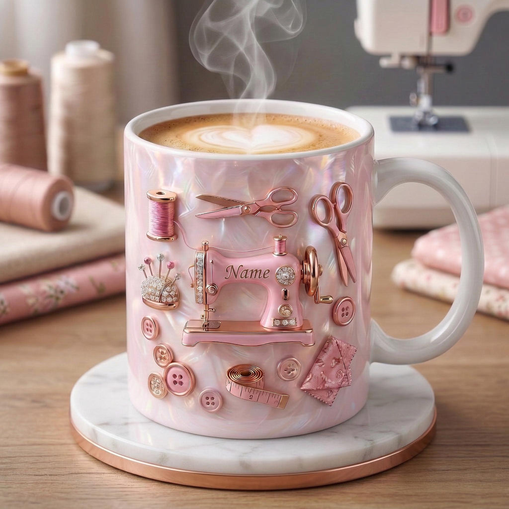 Sewing Mug 3D, Sewing Hobby Coffee Mug, Faux 3D Effect Mug, Personalized Craft Gift