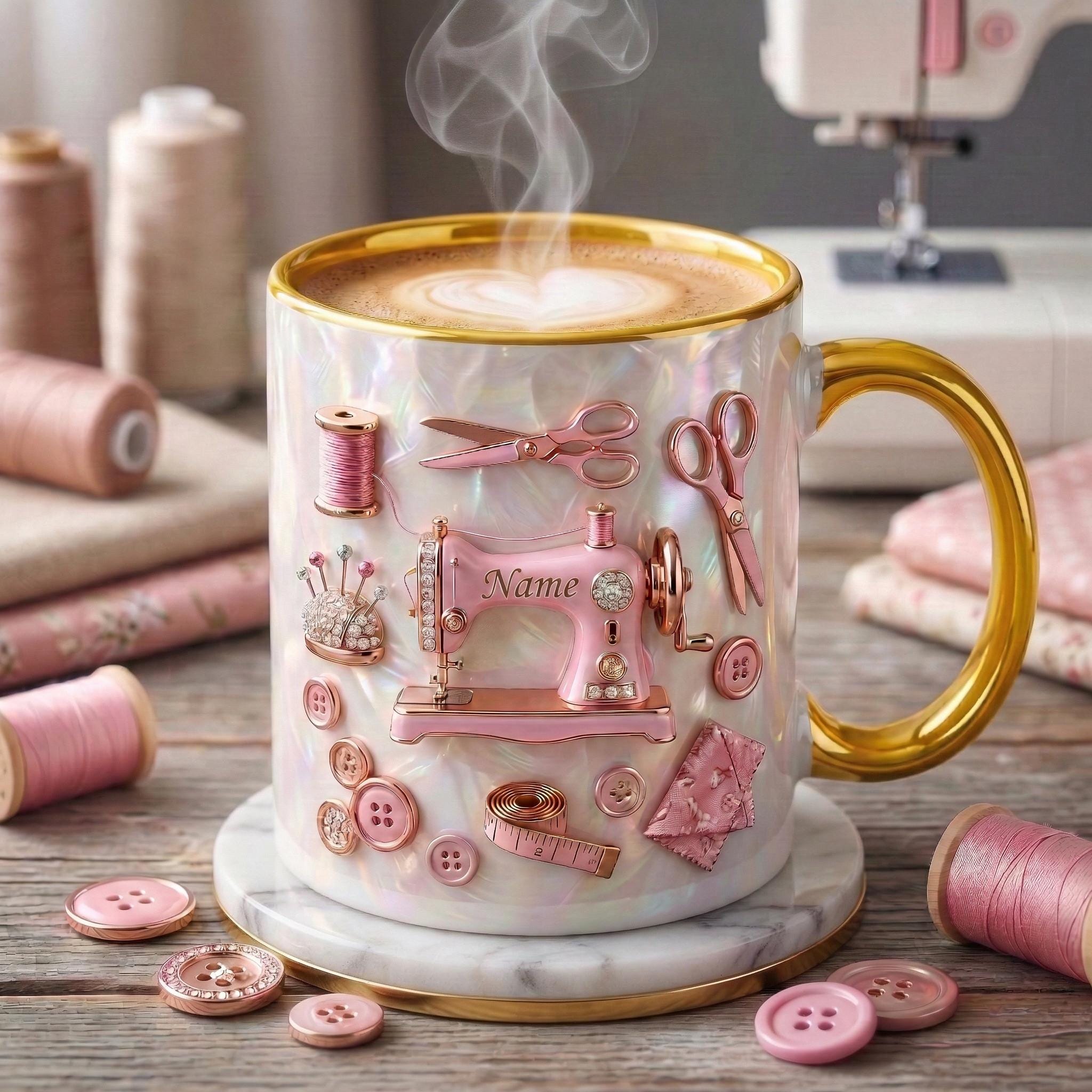 Sewing Mug 3D, Sewing Hobby Coffee Mug, Faux 3D Effect Mug, Personalized Craft Gift