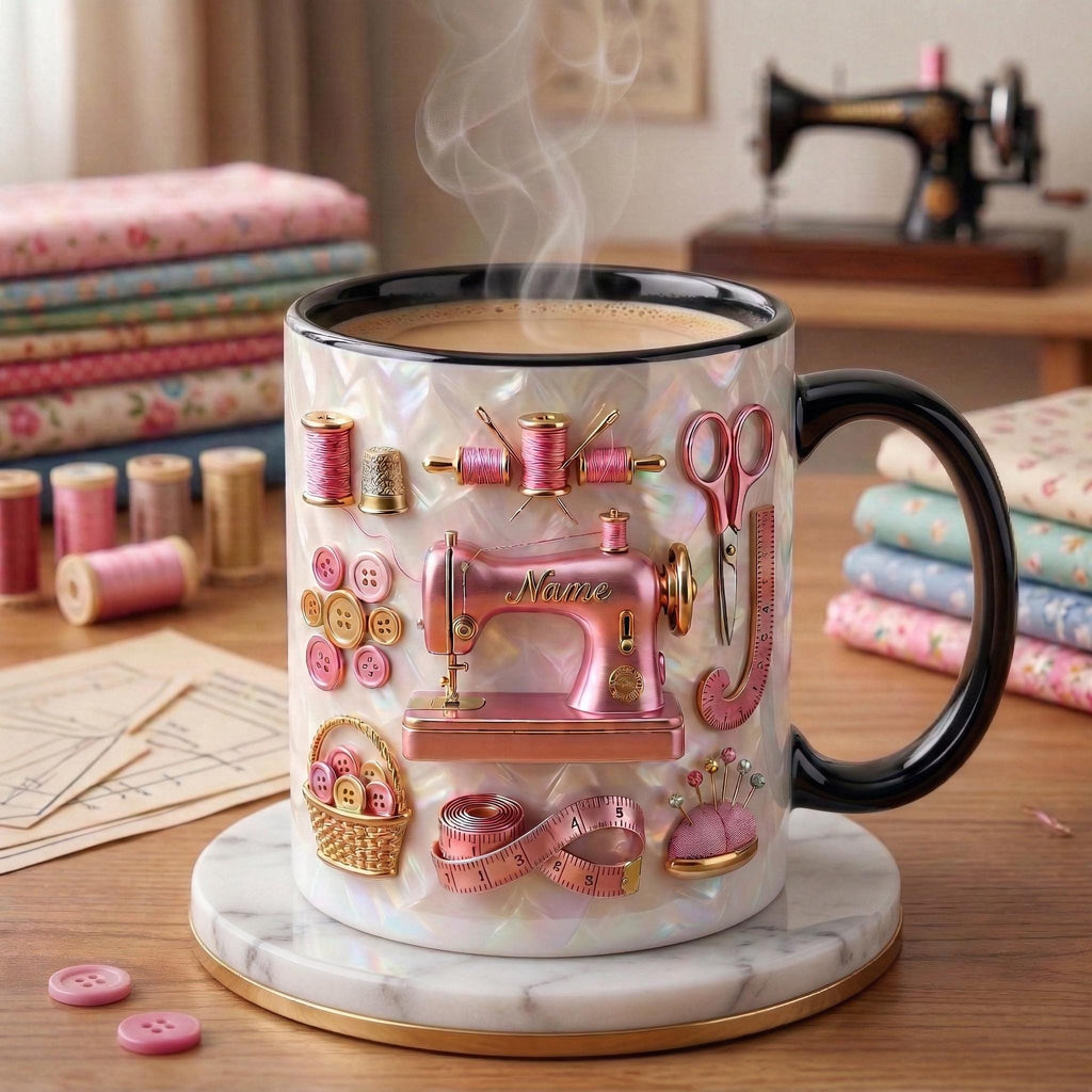 Sewing Mug 3D, Faux 3D Effect Mug, Seamstress Coffee Cup, Custom Name Sewing Gift