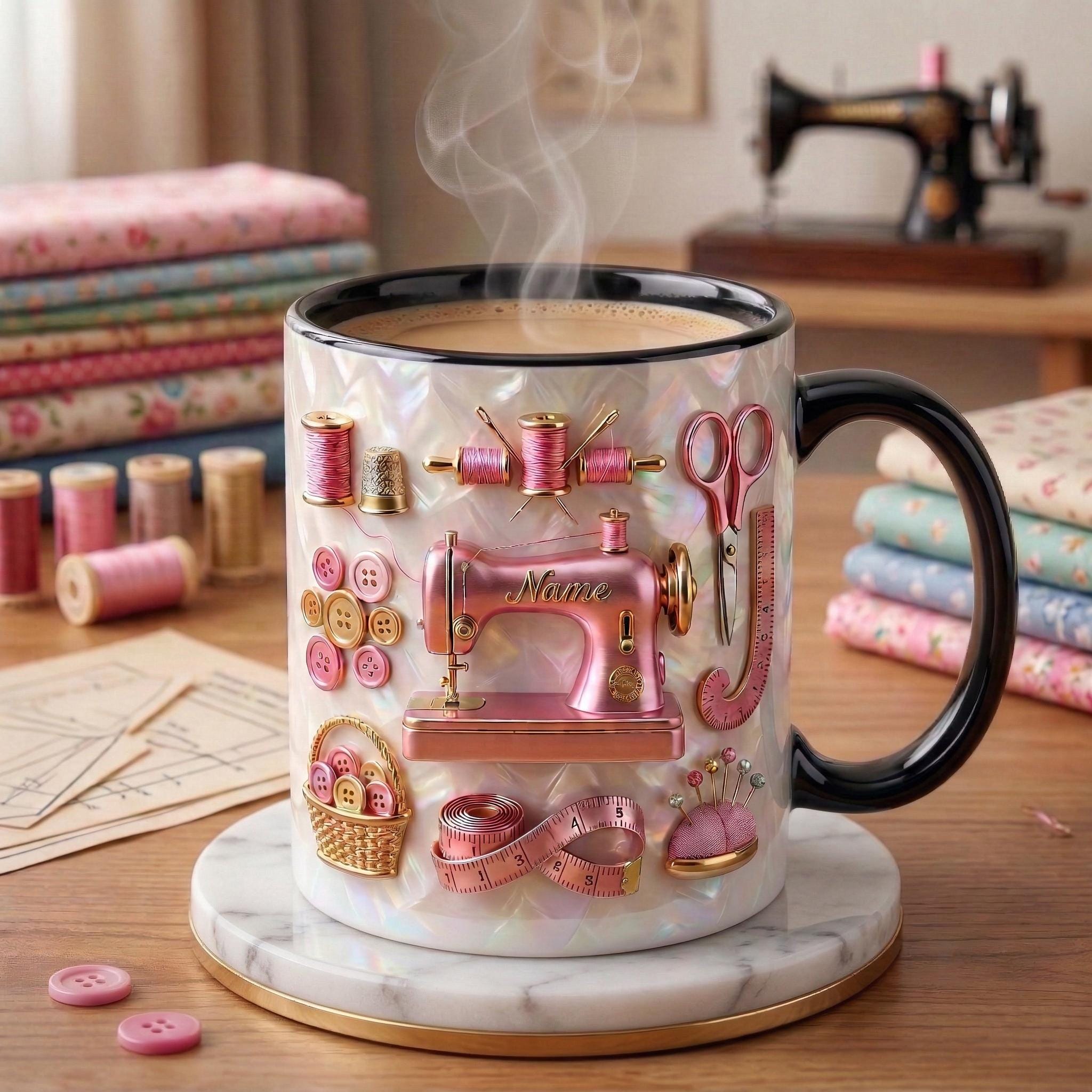 Sewing Mug 3D, Faux 3D Effect Mug, Seamstress Coffee Cup, Custom Name Sewing Gift