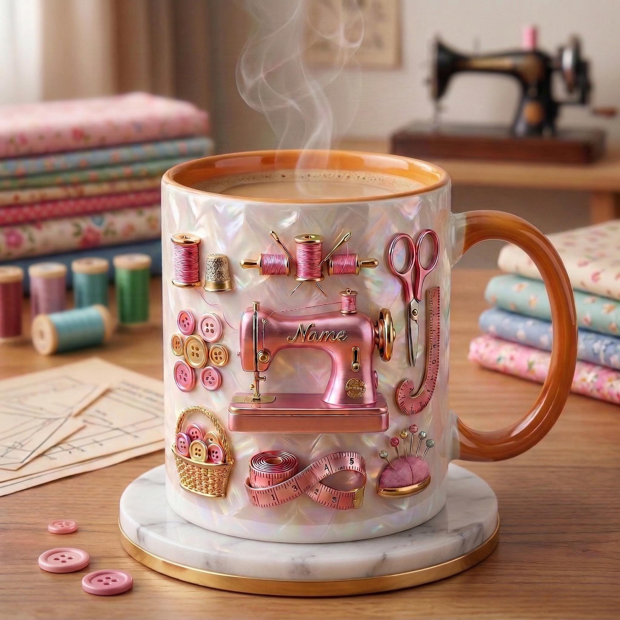 Sewing Mug 3D, Faux 3D Effect Mug, Seamstress Coffee Cup, Custom Name Sewing Gift