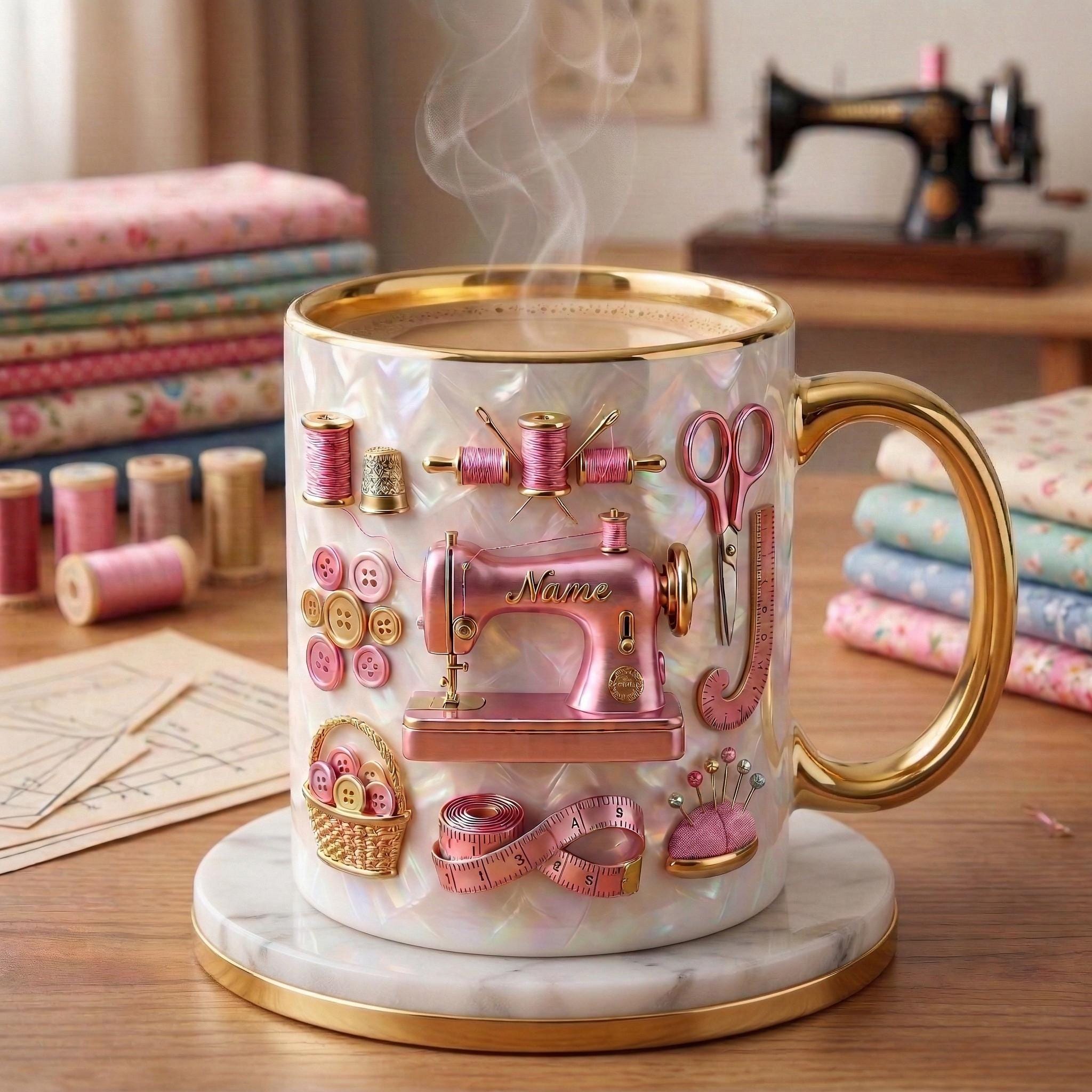 Sewing Mug 3D, Faux 3D Effect Mug, Seamstress Coffee Cup, Custom Name Sewing Gift