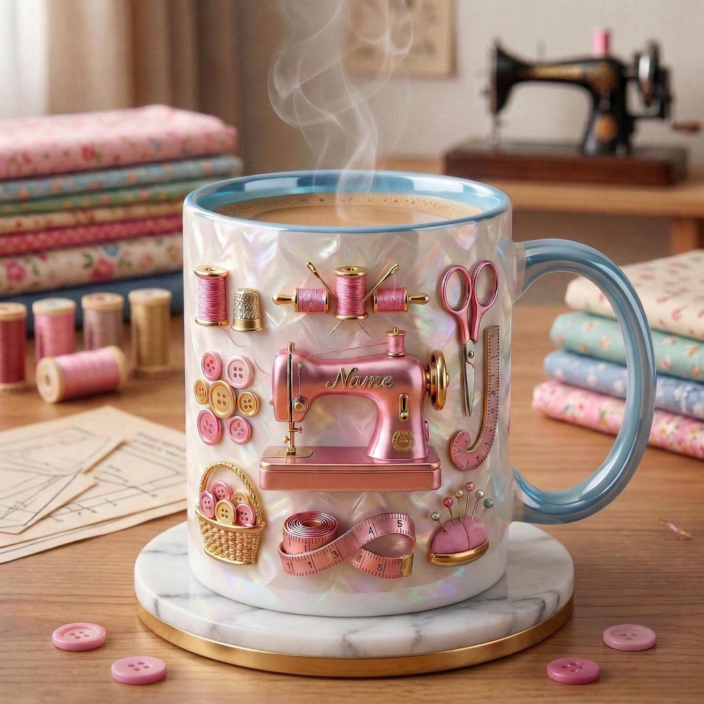 Sewing Mug 3D, Faux 3D Effect Mug, Seamstress Coffee Cup, Custom Name Sewing Gift