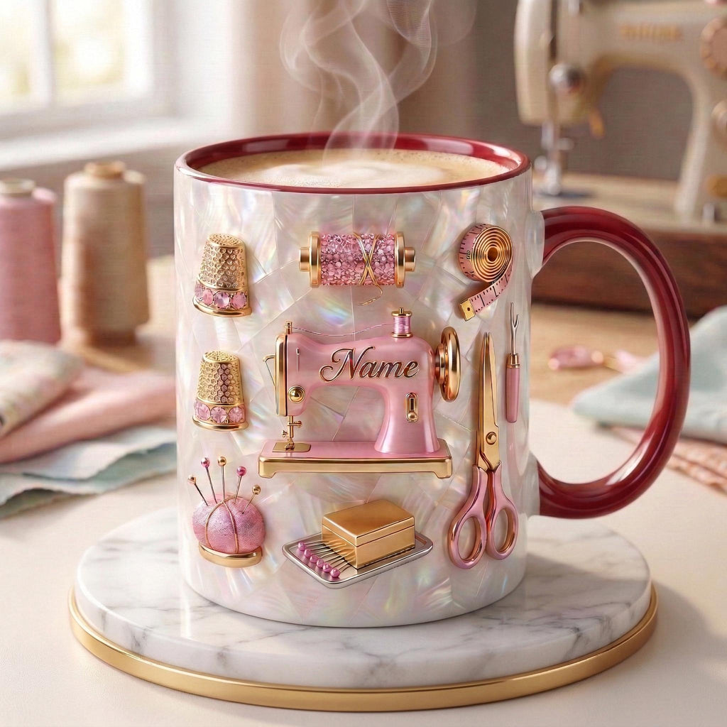 Sewing Mug 3D, Sewing Lover Coffee Mug, Personalized Tailor Gift, Faux 3D Effect Mug