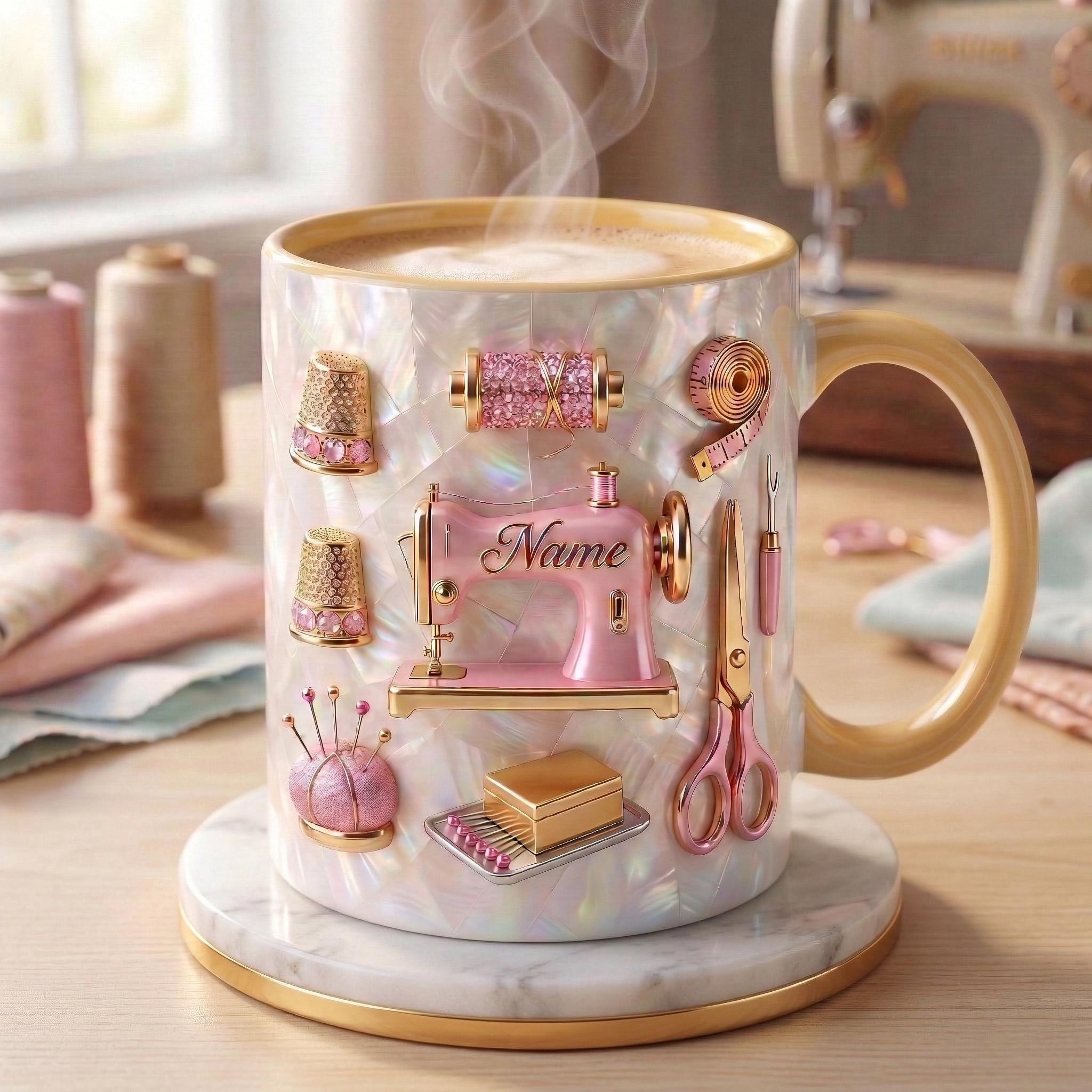 Sewing Mug 3D, Sewing Lover Coffee Mug, Personalized Tailor Gift, Faux 3D Effect Mug