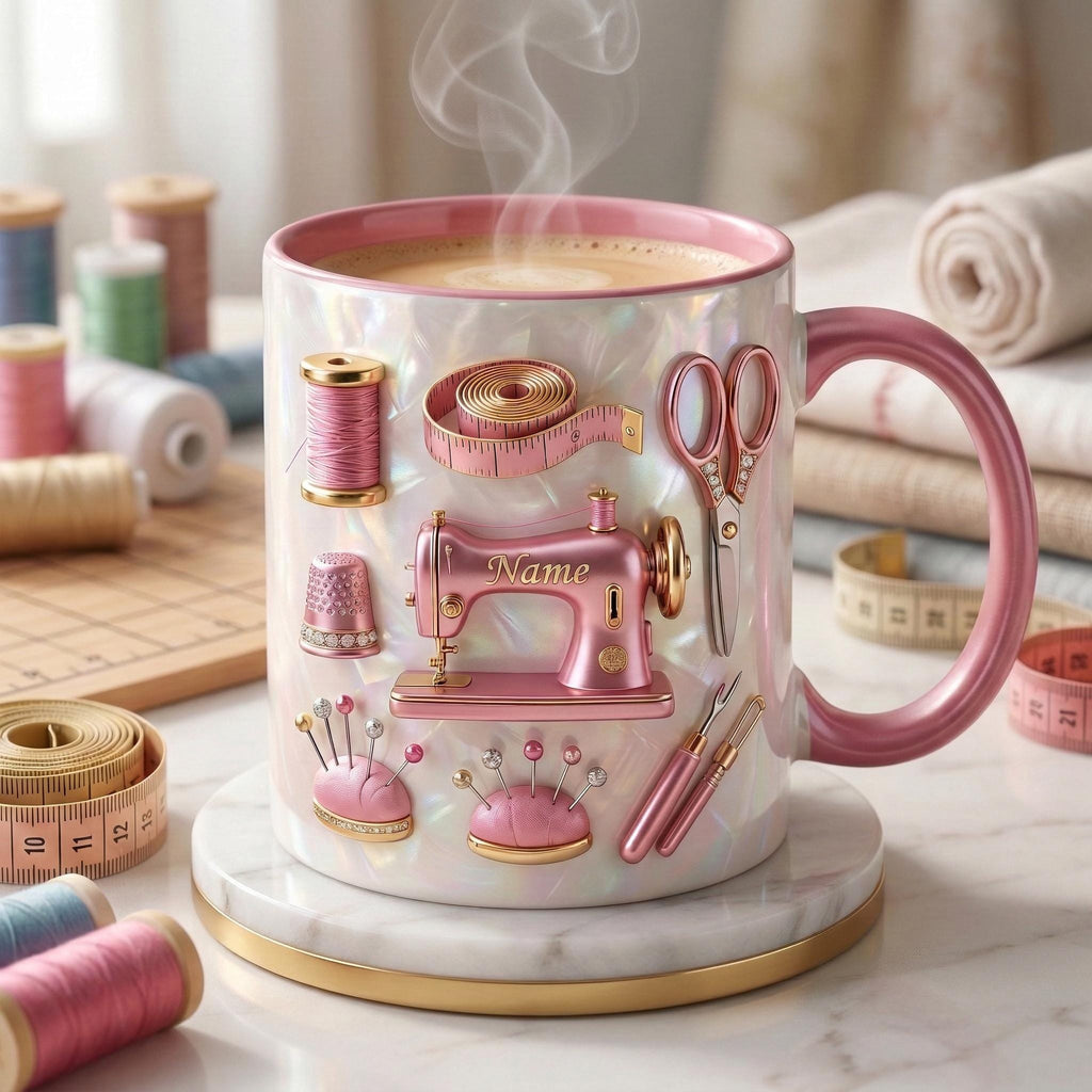Sewing Mug 3D, Custom Name Sewing Coffee Cup, Gift for Seamstress, Faux 3D Effect Mug