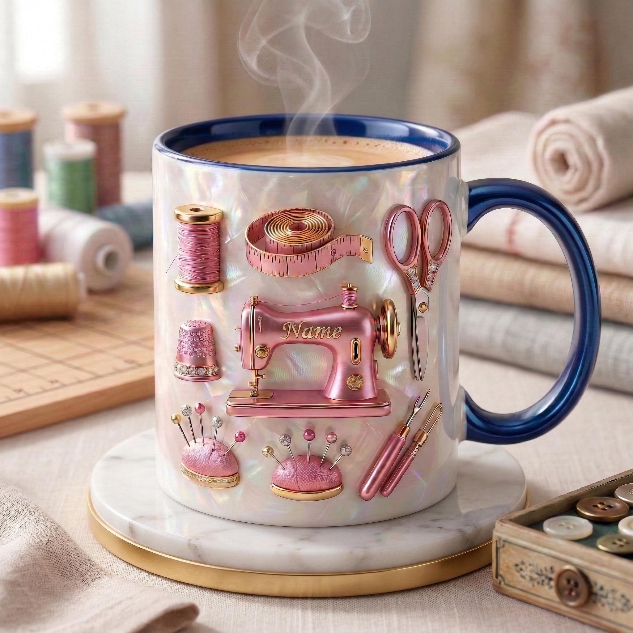 Sewing Mug 3D, Custom Name Sewing Coffee Cup, Gift for Seamstress, Faux 3D Effect Mug