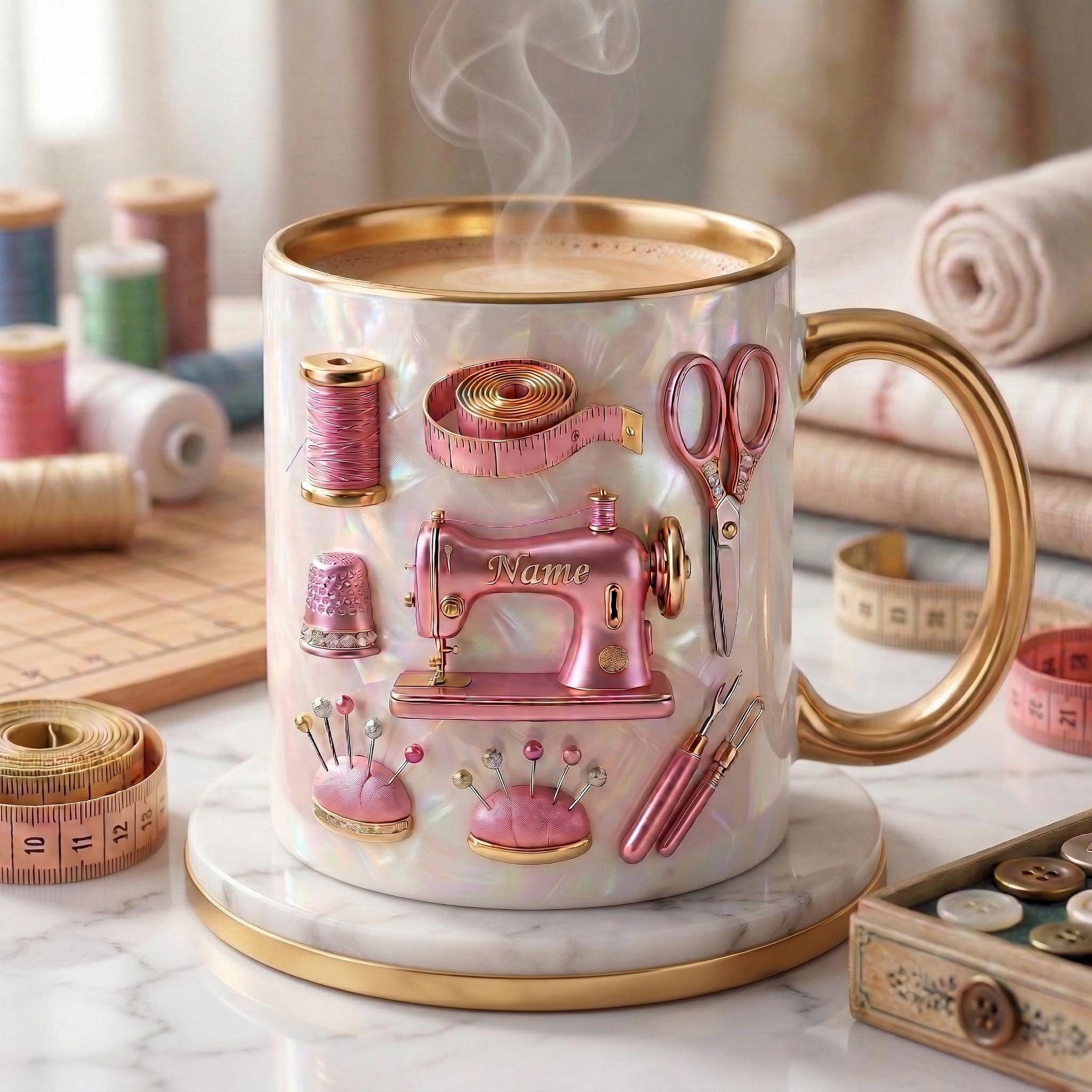 Sewing Mug 3D, Custom Name Sewing Coffee Cup, Gift for Seamstress, Faux 3D Effect Mug
