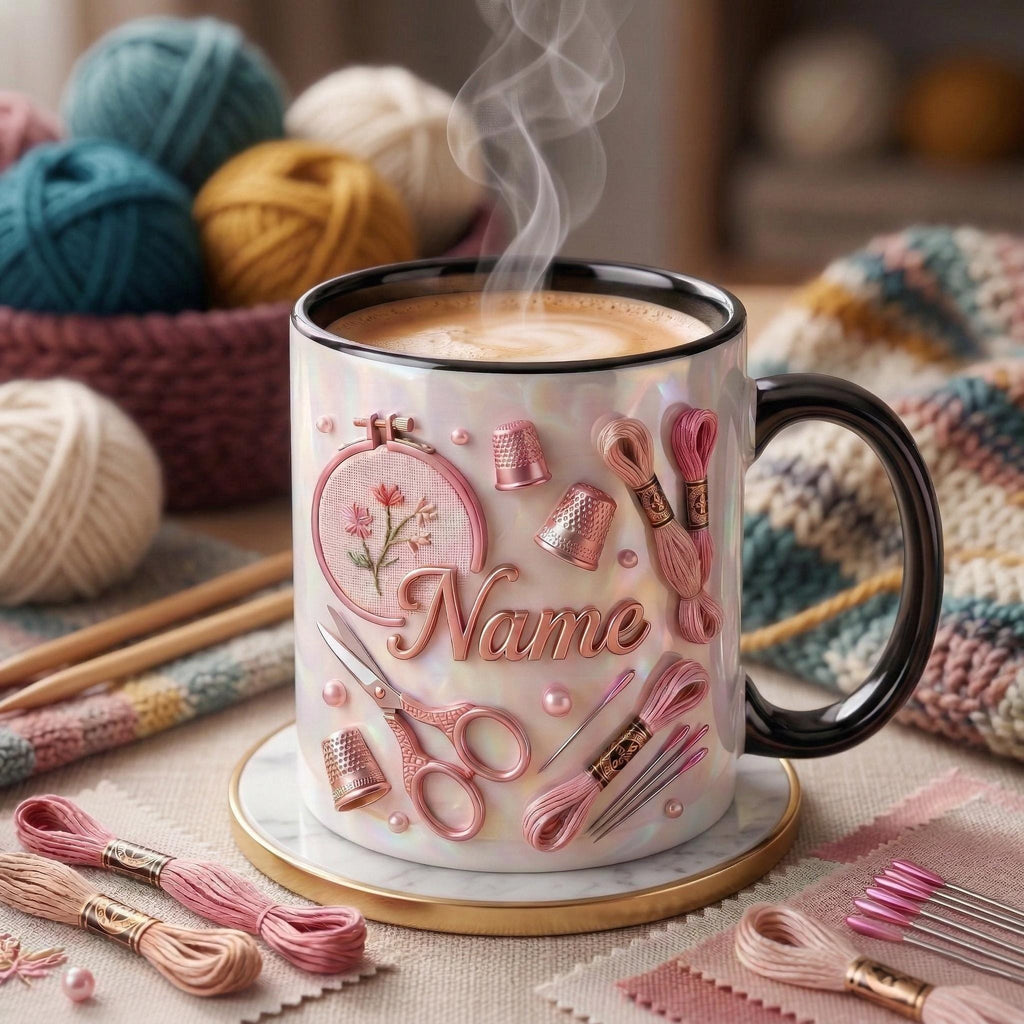 Knitting Mug 3D, Yarn Lover Mug, Personalized Knitting Coffee Cup, Faux 3D Effect Mug