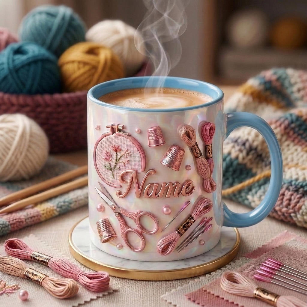 Knitting Mug 3D, Yarn Lover Mug, Personalized Knitting Coffee Cup, Faux 3D Effect Mug