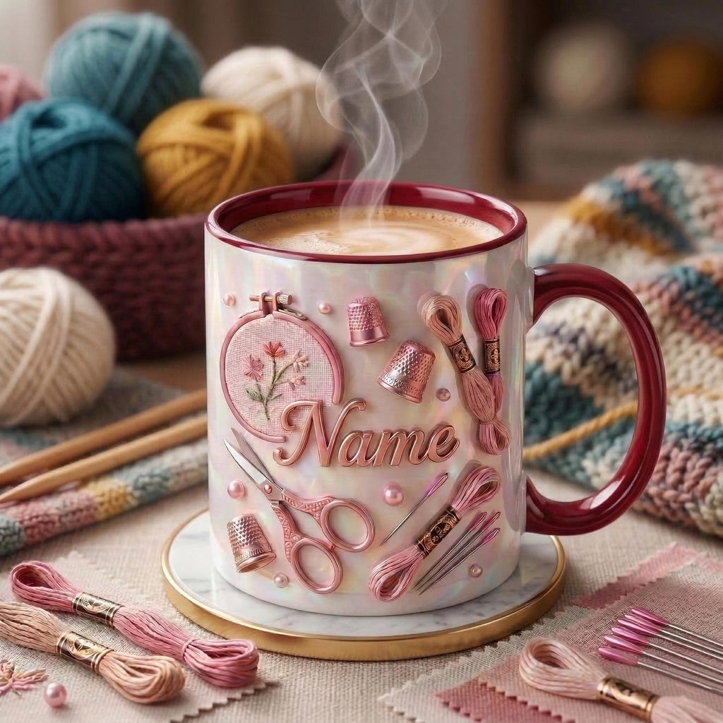 Knitting Mug 3D, Yarn Lover Mug, Personalized Knitting Coffee Cup, Faux 3D Effect Mug