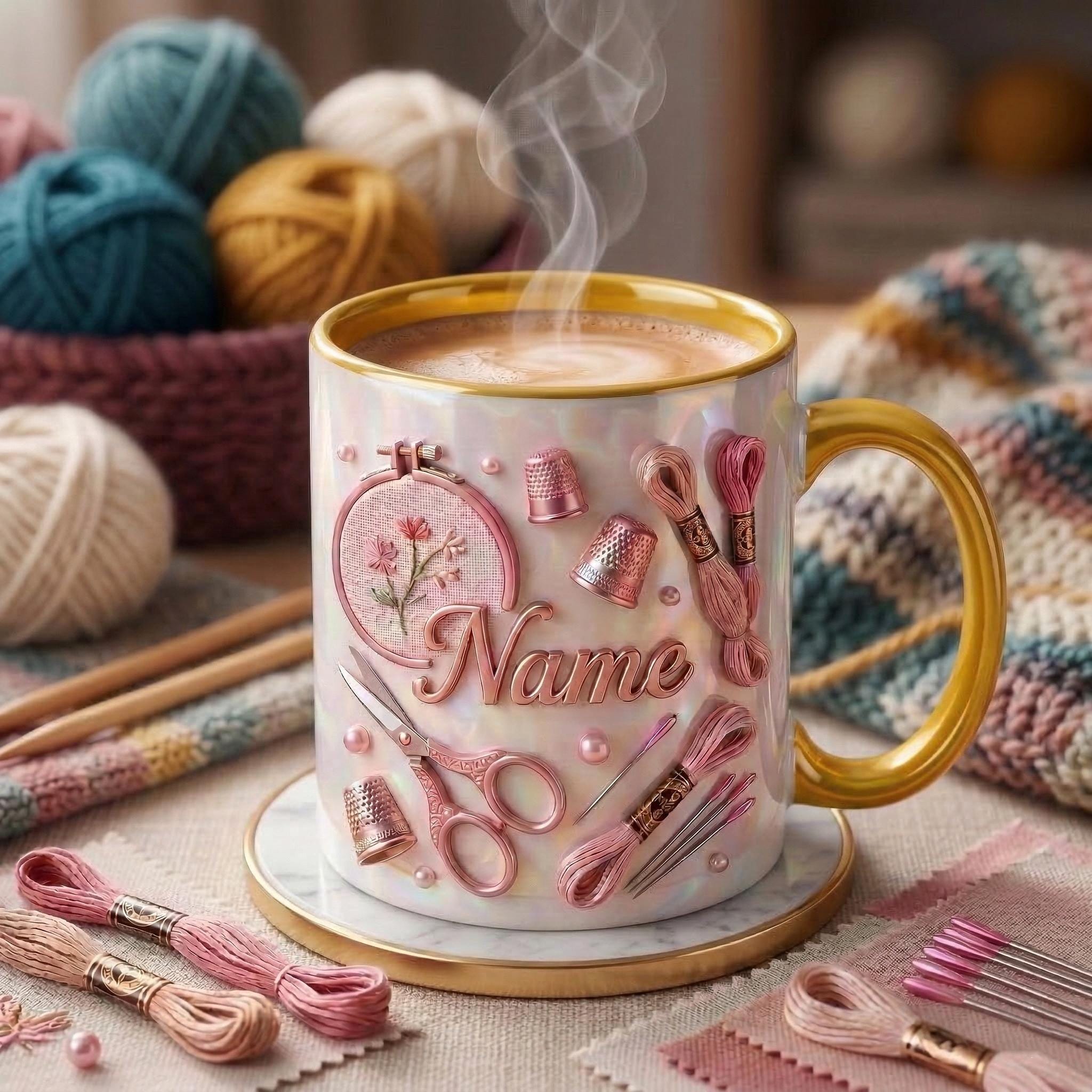 Knitting Mug 3D, Yarn Lover Mug, Personalized Knitting Coffee Cup, Faux 3D Effect Mug