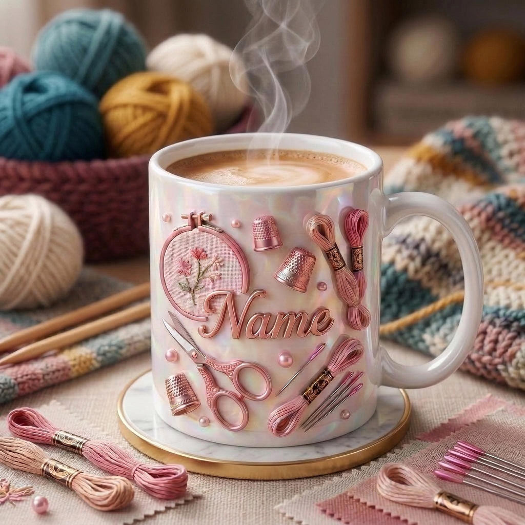 Knitting Mug 3D, Yarn Lover Mug, Personalized Knitting Coffee Cup, Faux 3D Effect Mug