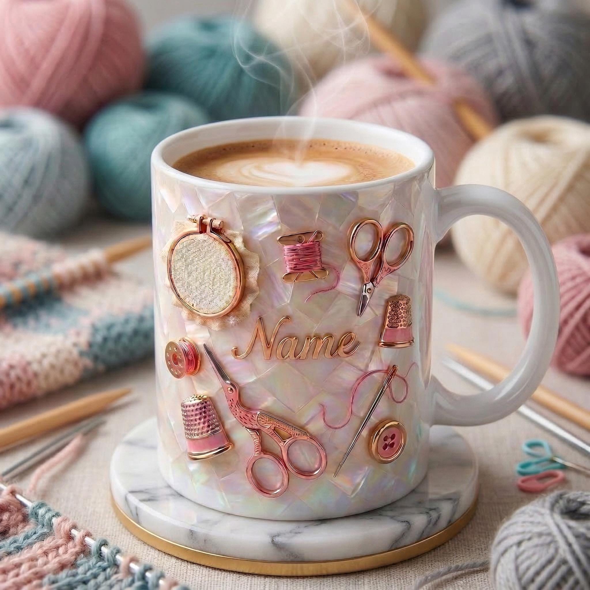 Knitting Mug 3D, Custom Name Knitting Mug, Gift for Knitter, Faux 3D Effect Mug