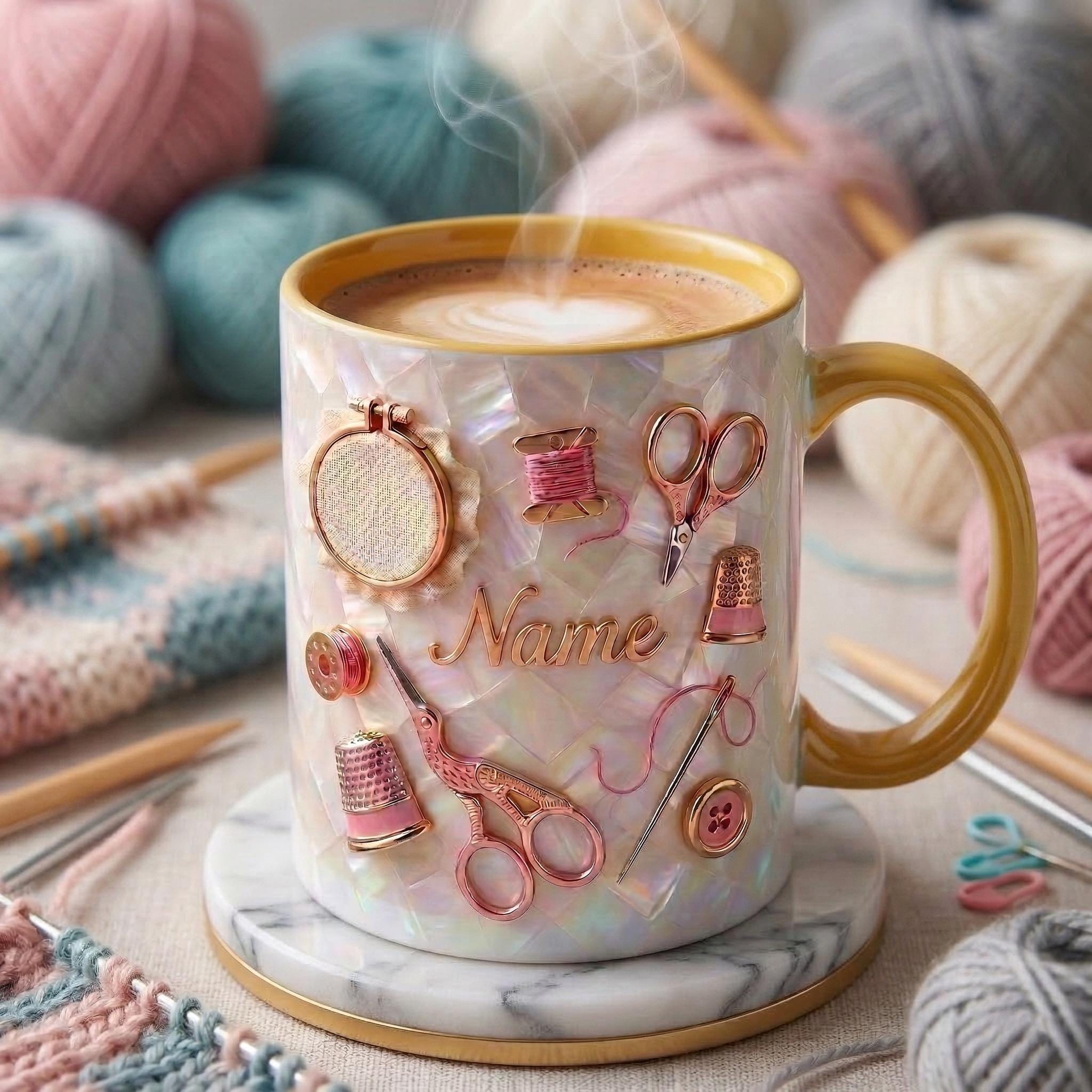 Knitting Mug 3D, Custom Name Knitting Mug, Gift for Knitter, Faux 3D Effect Mug