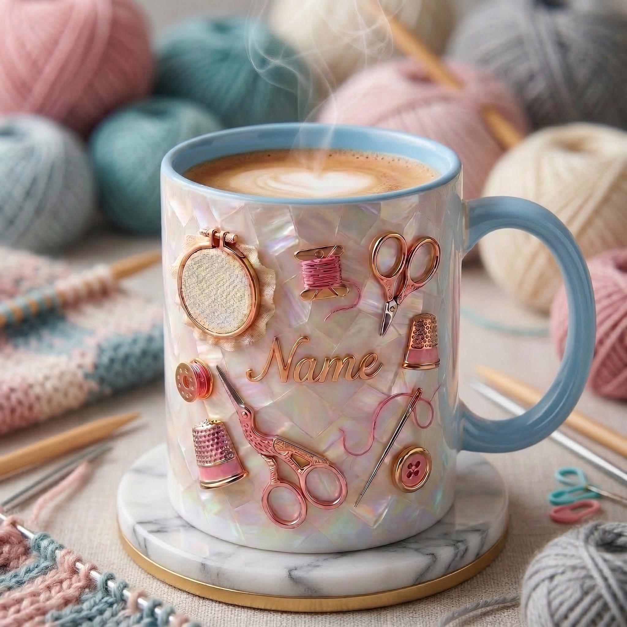 Knitting Mug 3D, Custom Name Knitting Mug, Gift for Knitter, Faux 3D Effect Mug