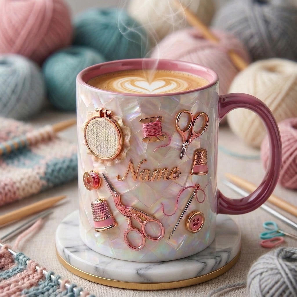 Knitting Mug 3D, Custom Name Knitting Mug, Gift for Knitter, Faux 3D Effect Mug