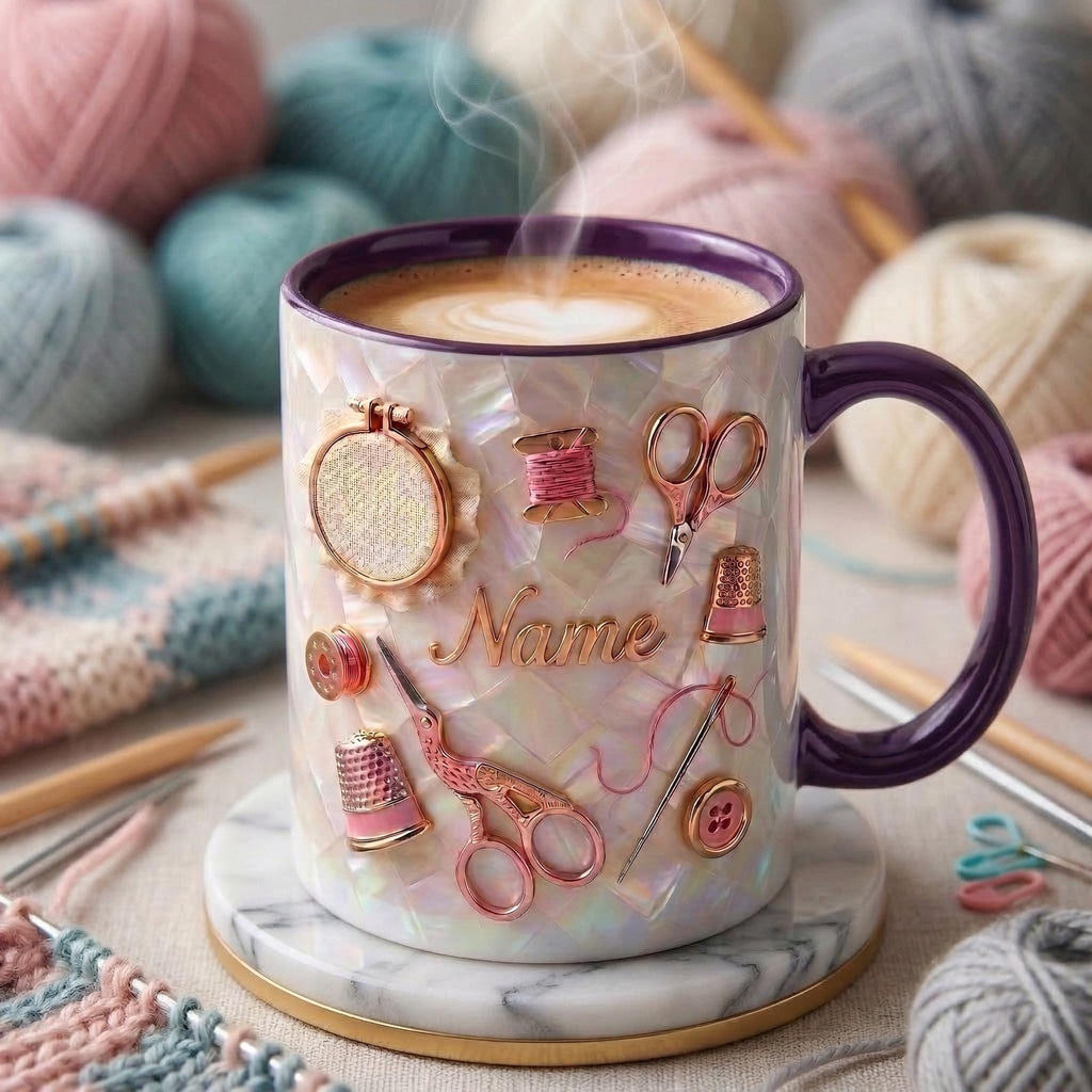 Knitting Mug 3D, Custom Name Knitting Mug, Gift for Knitter, Faux 3D Effect Mug