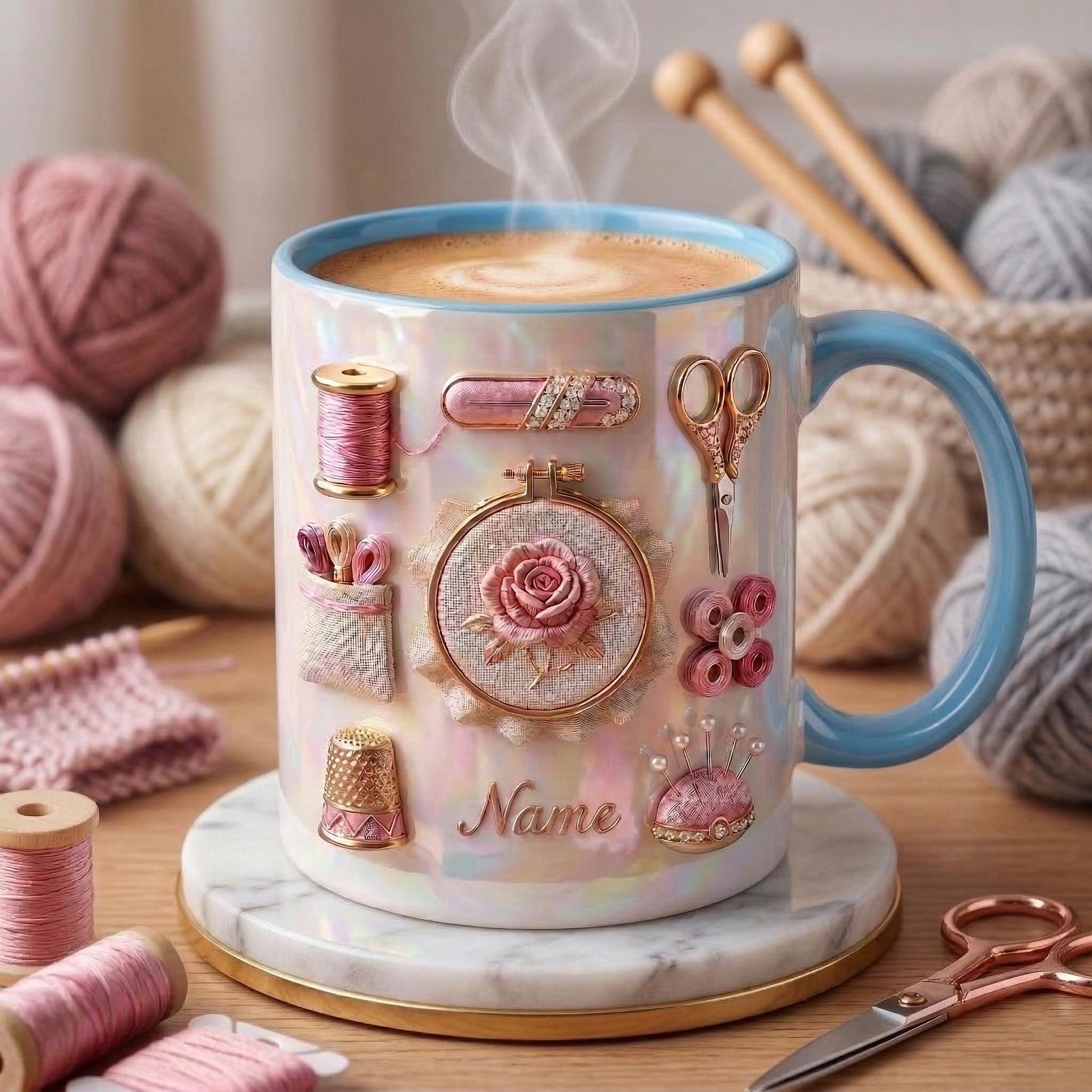 Knitting Mug 3D, Accent Mug, Knitting Hobby Coffee Cup, Faux 3D Effect Mug, Personalized Yarn Gift