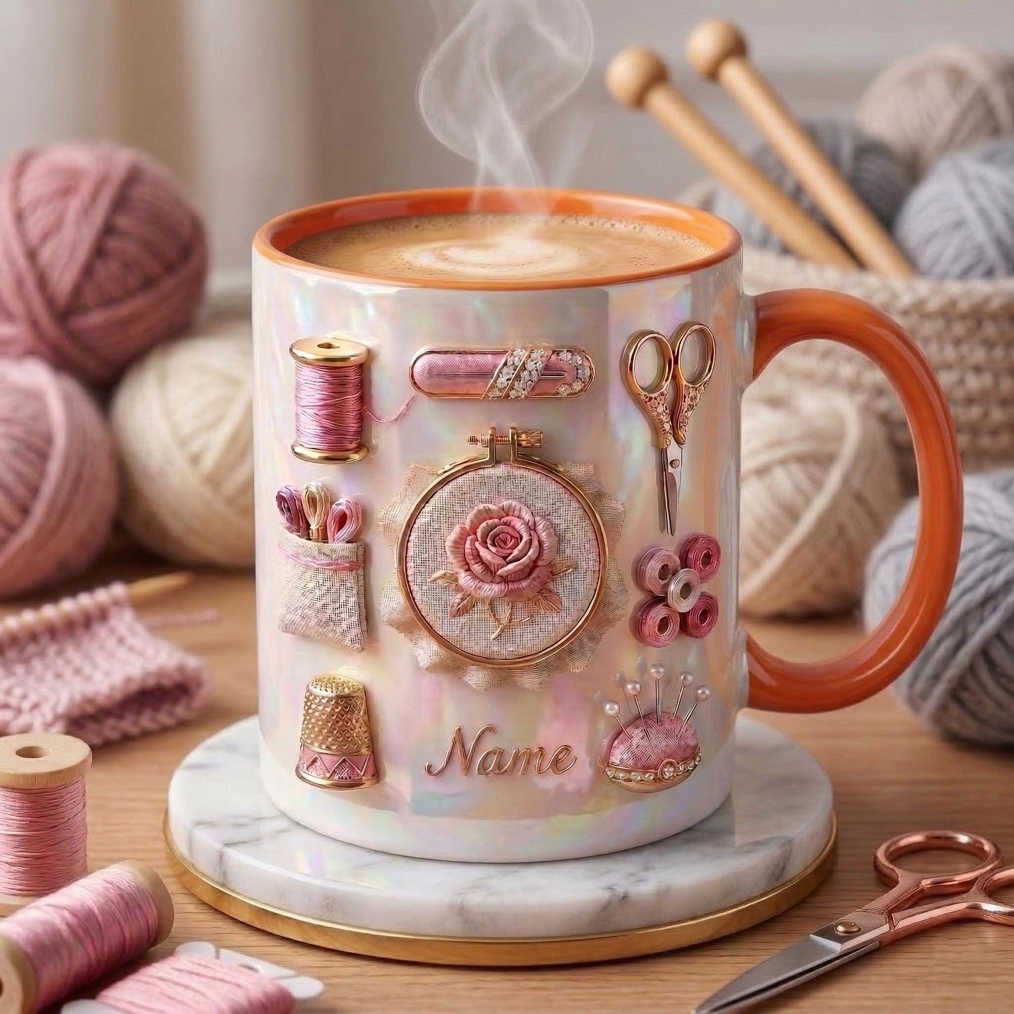 Knitting Mug 3D, Accent Mug, Knitting Hobby Coffee Cup, Faux 3D Effect Mug, Personalized Yarn Gift