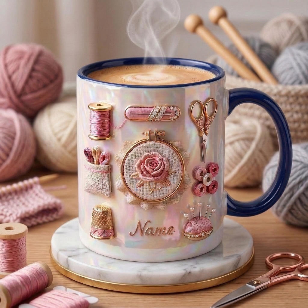 Knitting Mug 3D, Accent Mug, Knitting Hobby Coffee Cup, Faux 3D Effect Mug, Personalized Yarn Gift
