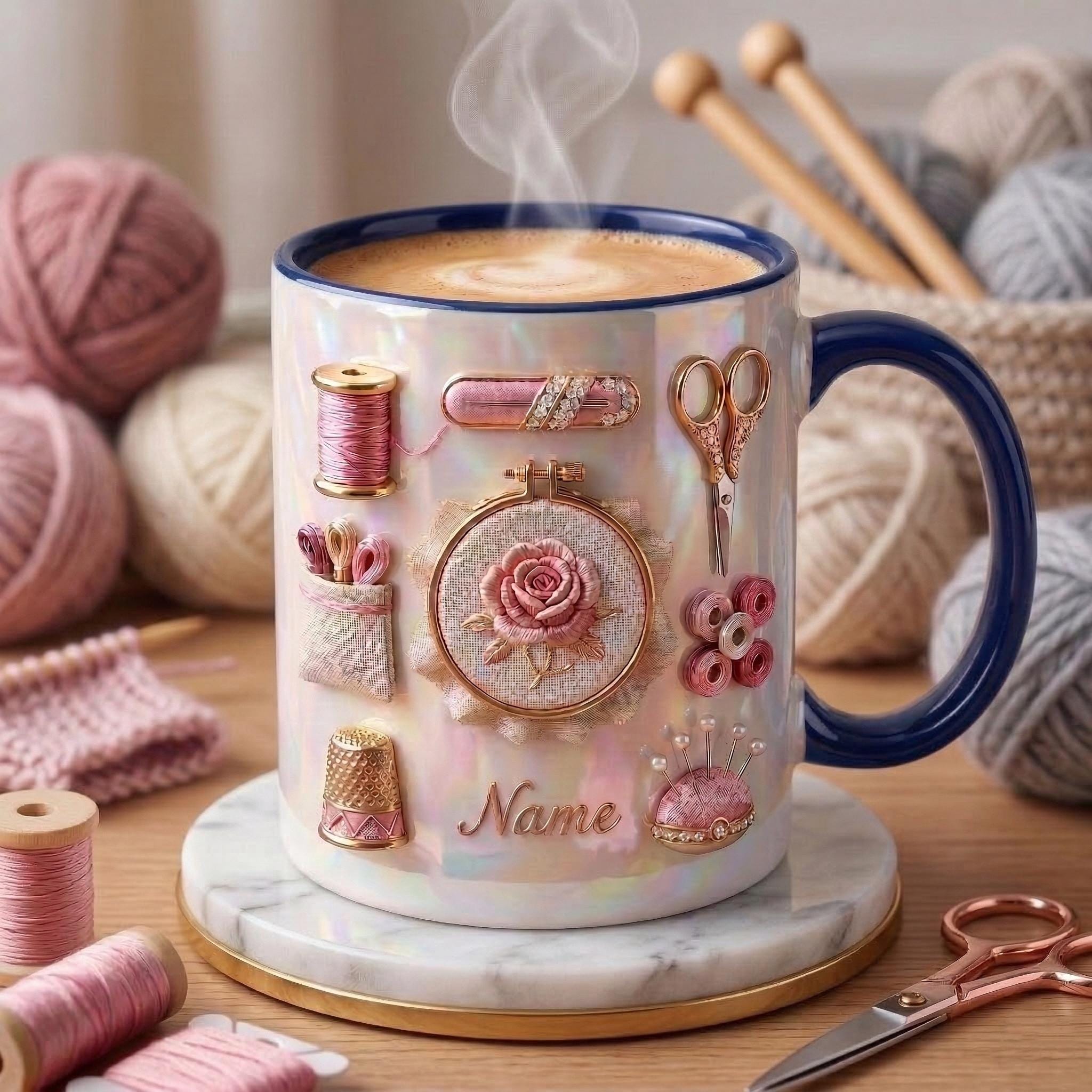 Knitting Mug 3D, Accent Mug, Knitting Hobby Coffee Cup, Faux 3D Effect Mug, Personalized Yarn Gift