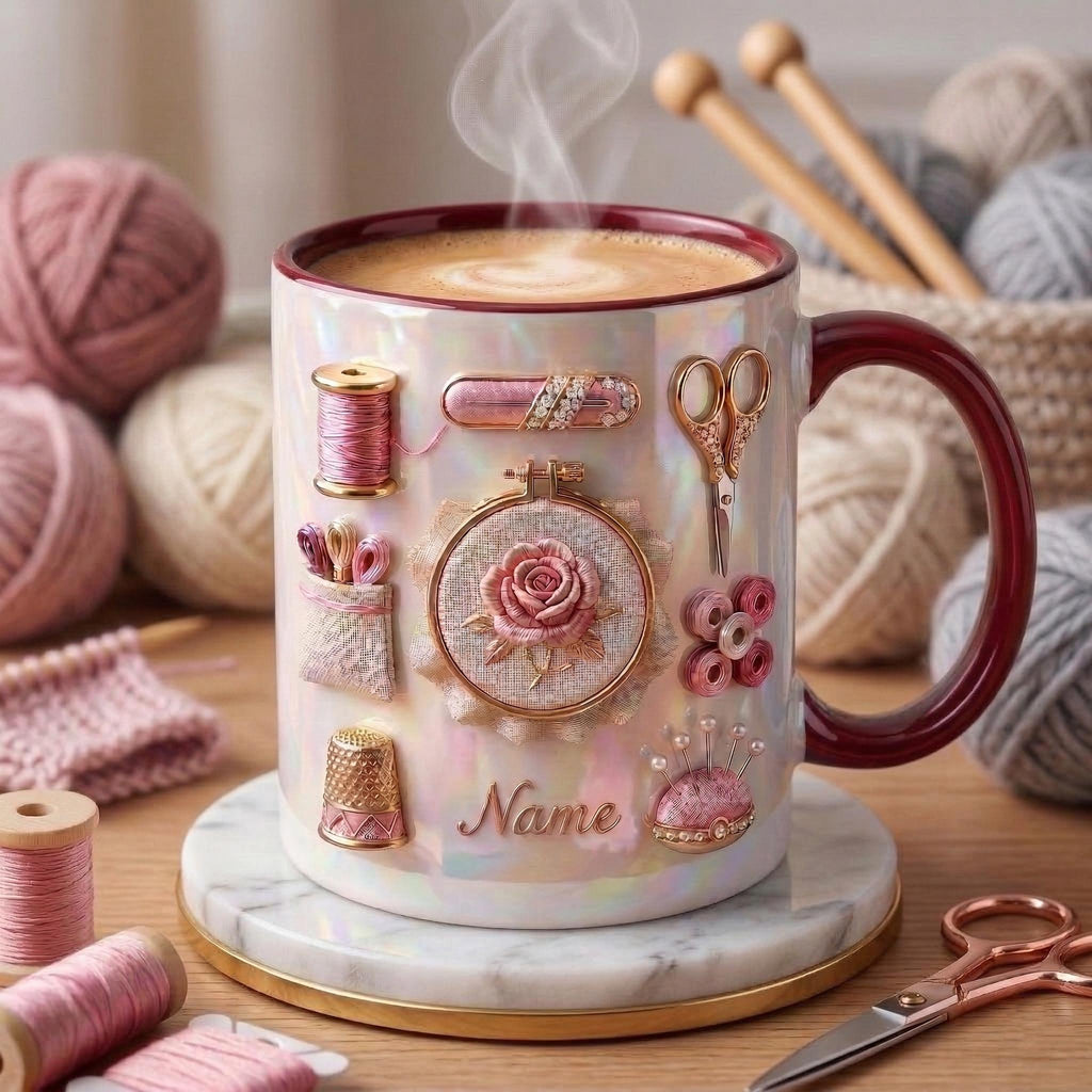 Knitting Mug 3D, Accent Mug, Knitting Hobby Coffee Cup, Faux 3D Effect Mug, Personalized Yarn Gift