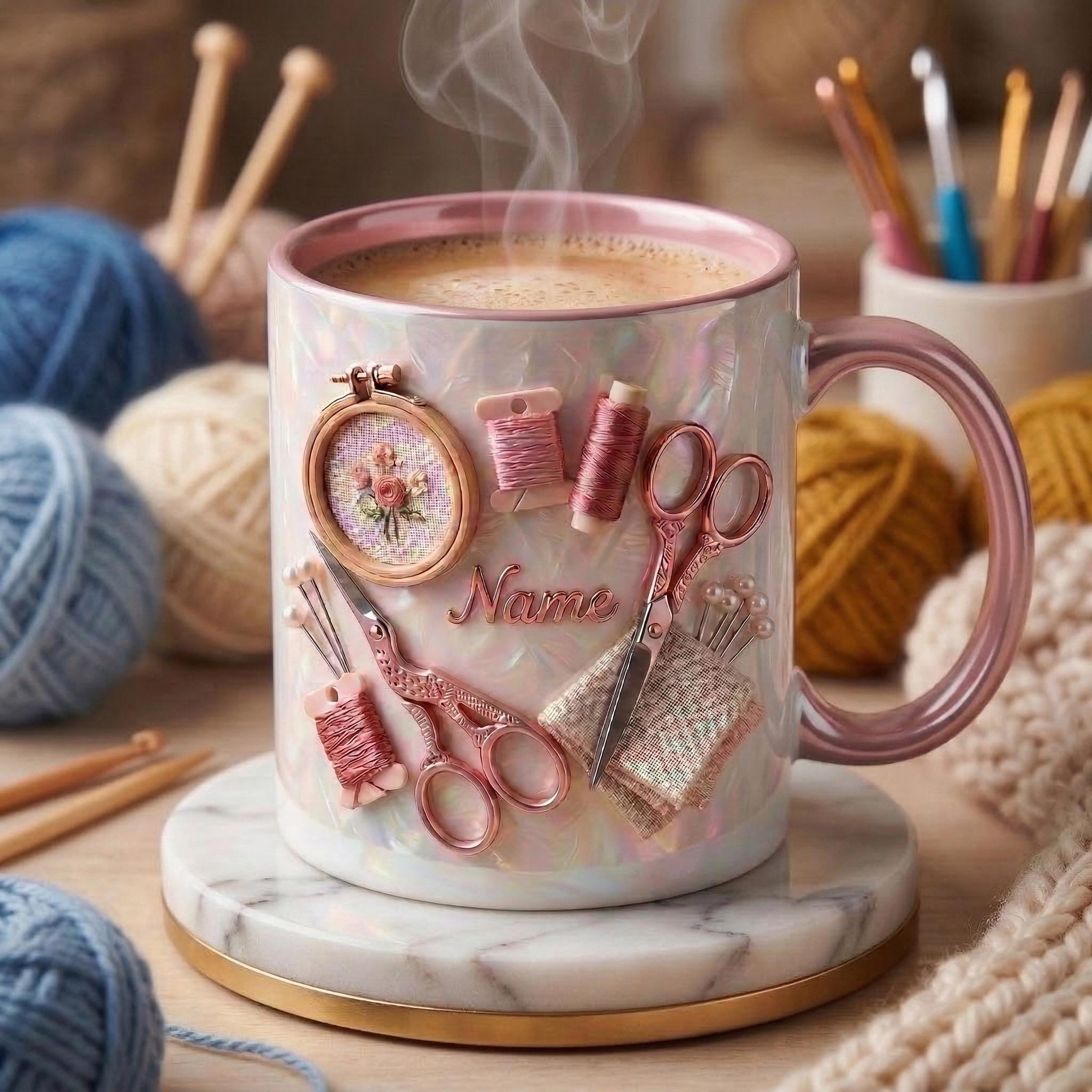 Knitting Mug 3D, Faux 3D Effect Mug, Handmade Craft Coffee Mug, Custom Name Knitting Lover Gift