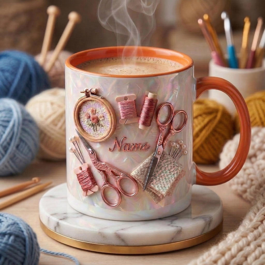 Knitting Mug 3D, Faux 3D Effect Mug, Handmade Craft Coffee Mug, Custom Name Knitting Lover Gift