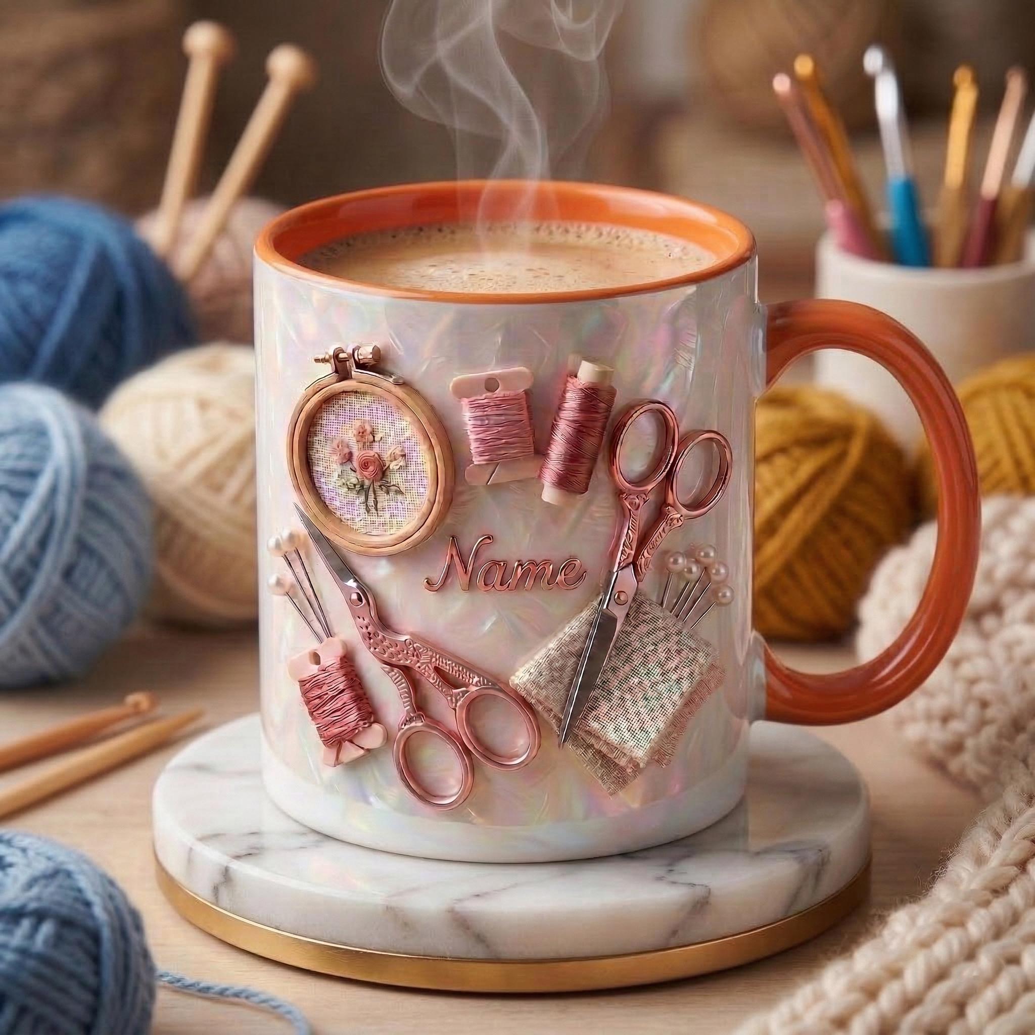 Knitting Mug 3D, Faux 3D Effect Mug, Handmade Craft Coffee Mug, Custom Name Knitting Lover Gift