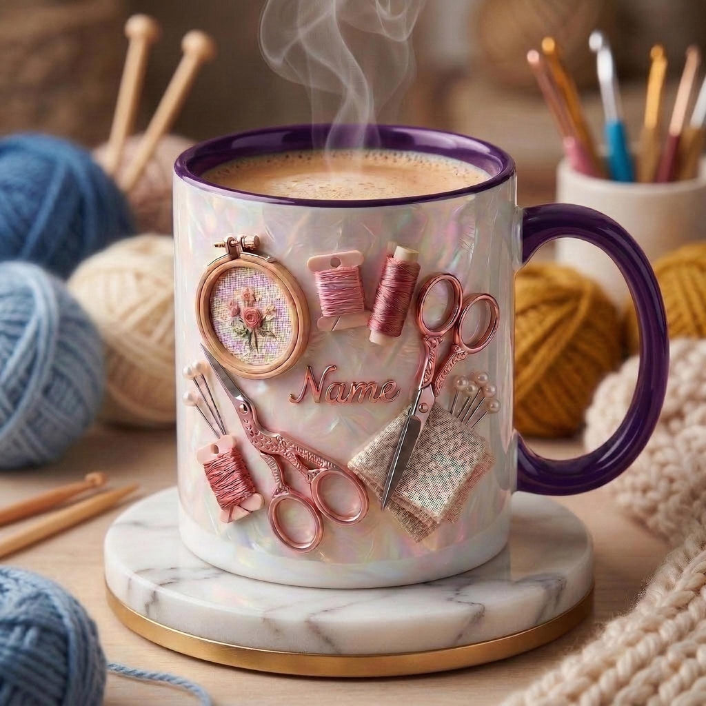 Knitting Mug 3D, Faux 3D Effect Mug, Handmade Craft Coffee Mug, Custom Name Knitting Lover Gift