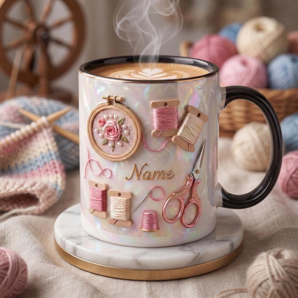 Knitting Mug 3D, Knitter Coffee Cup, Personalized Knitting Gift Idea, Faux 3D Effect Mug