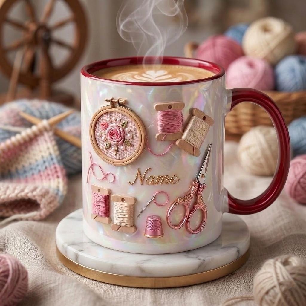 Knitting Mug 3D, Knitter Coffee Cup, Personalized Knitting Gift Idea, Faux 3D Effect Mug