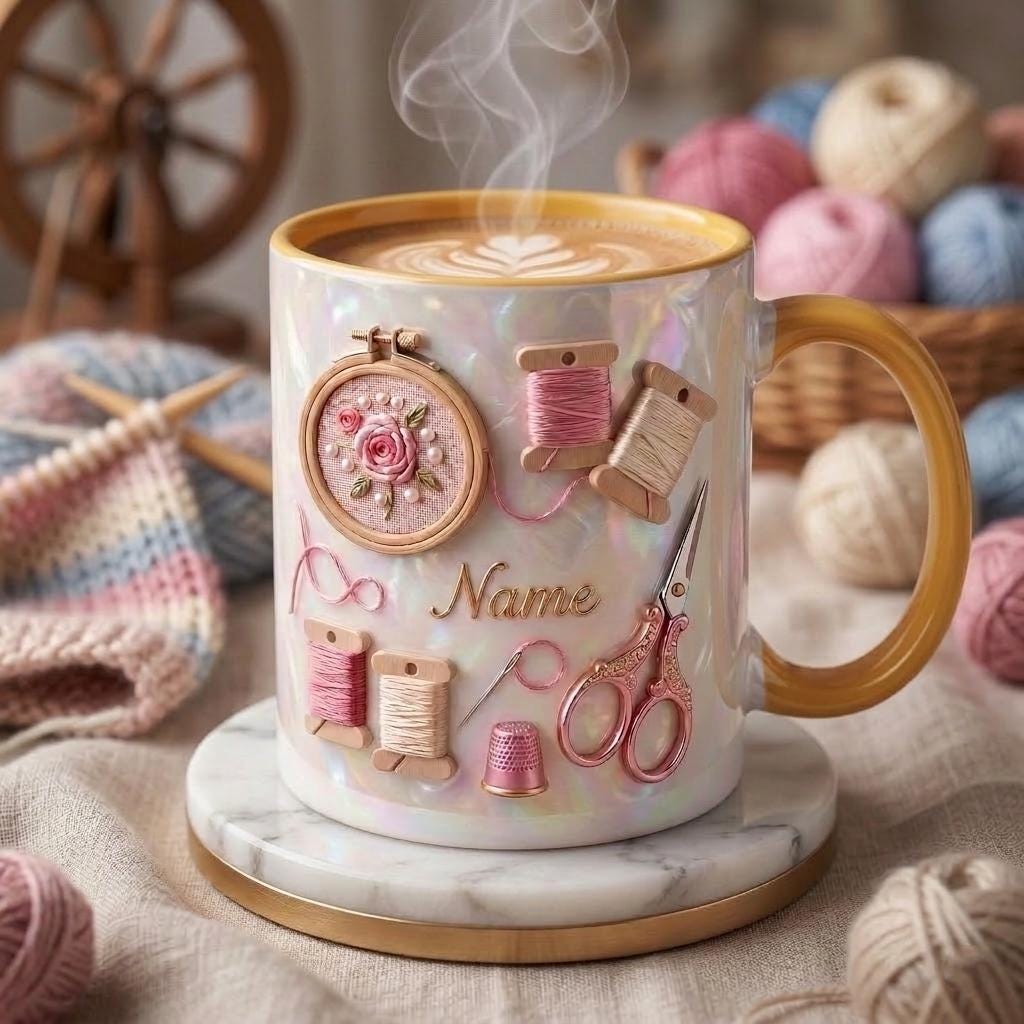 Knitting Mug 3D, Knitter Coffee Cup, Personalized Knitting Gift Idea, Faux 3D Effect Mug