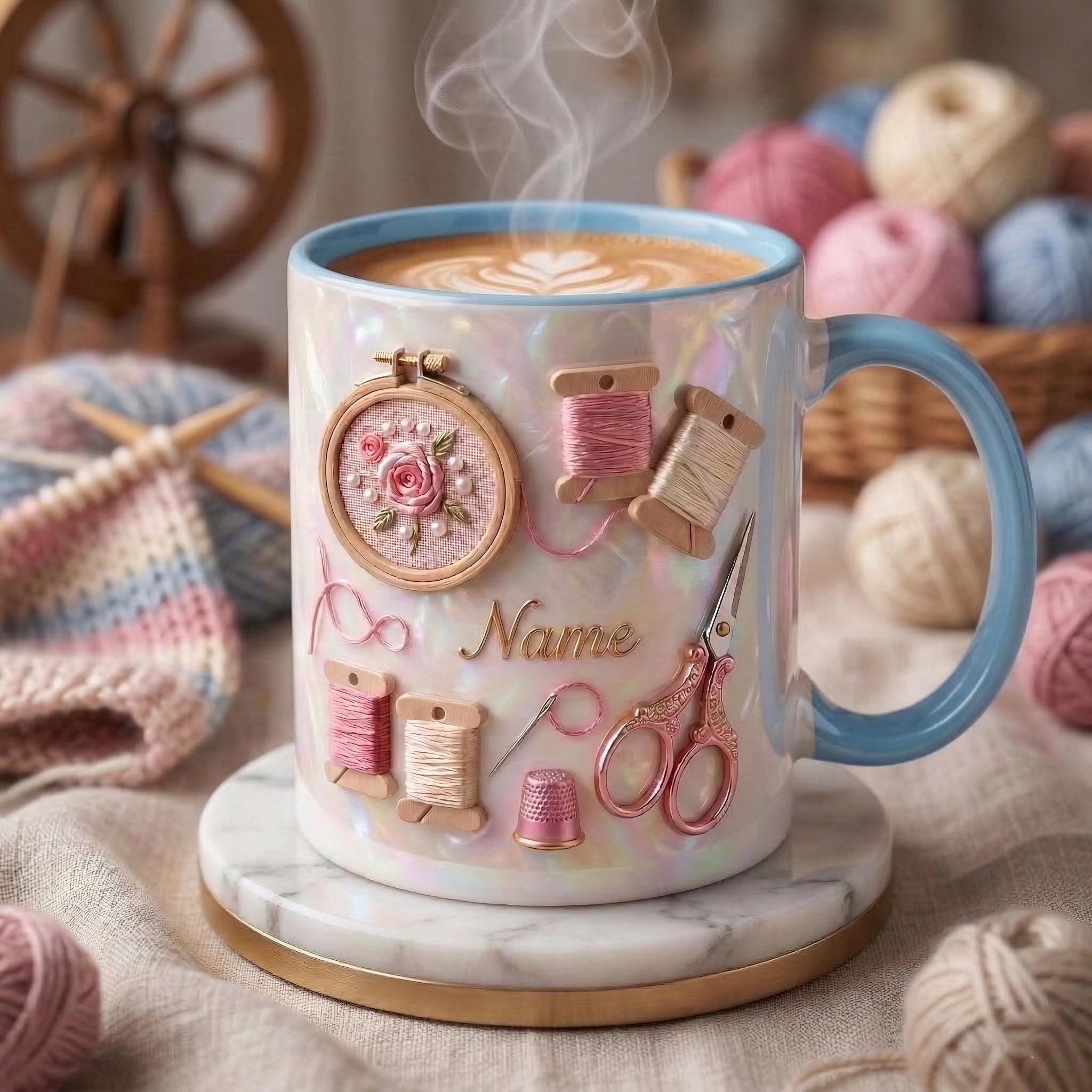 Knitting Mug 3D, Knitter Coffee Cup, Personalized Knitting Gift Idea, Faux 3D Effect Mug