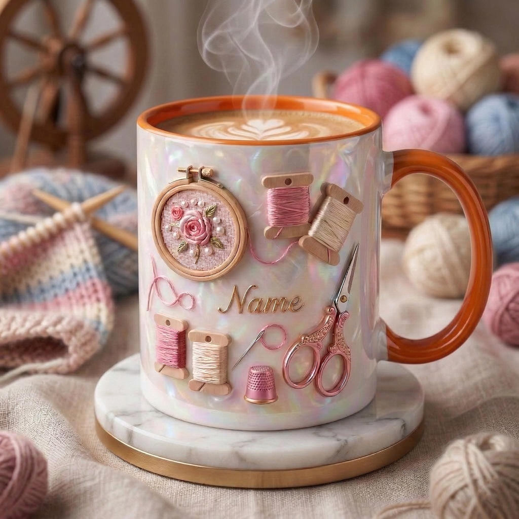 Knitting Mug 3D, Knitter Coffee Cup, Personalized Knitting Gift Idea, Faux 3D Effect Mug