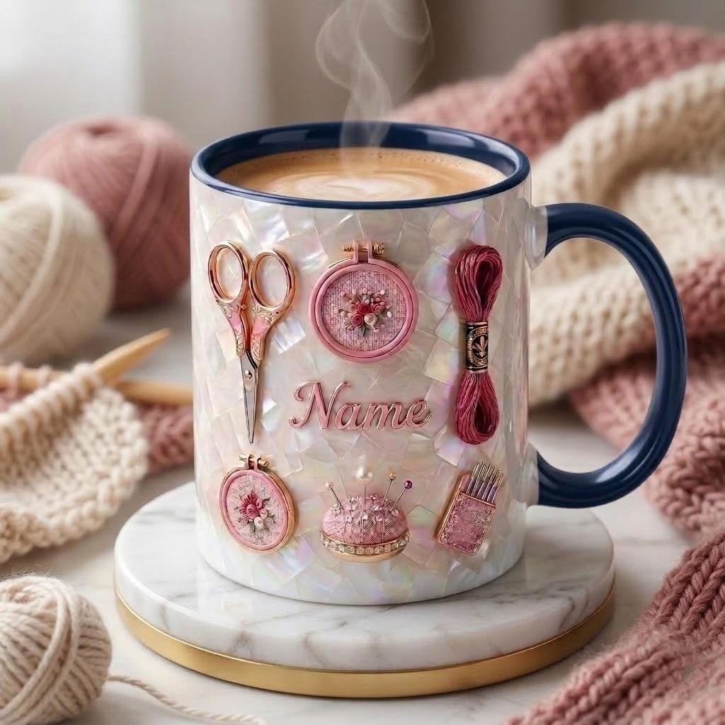 Knitting Mug 3D, Yarn Lover Coffee Cup, Faux 3D Effect Mug, Custom Name Knitter Gift